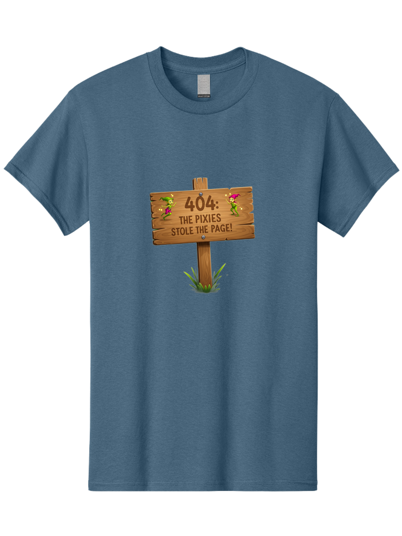 404-The-Pixies-Stole-The-Page Men'S Graphic Tee, 100% Cotton, Comfortable Casual Summer Wear, Machine Washable, Wooden Sign, Error 404, Mischievous Pixies, Lost Page, Playful Elves, Digital Mishaps, Website Errors, Fun, Mythical Creatures, Baa111