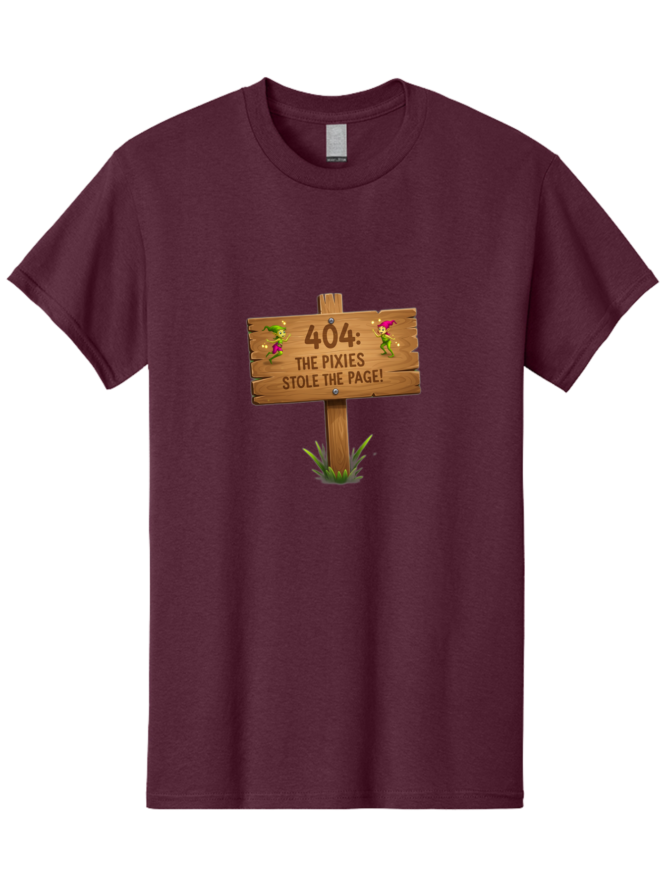 404-The-Pixies-Stole-The-Page Men'S Graphic Tee, 100% Cotton, Comfortable Casual Summer Wear, Machine Washable, Wooden Sign, Error 404, Mischievous Pixies, Lost Page, Playful Elves, Digital Mishaps, Website Errors, Fun, Mythical Creatures, Baa111