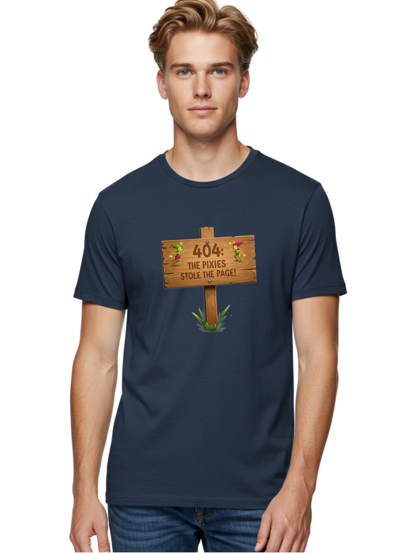 404-The-Pixies-Stole-The-Page Men'S Graphic Tee, 100% Cotton, Comfortable Casual Summer Wear, Machine Washable, Wooden Sign, Error 404, Mischievous Pixies, Lost Page, Playful Elves, Digital Mishaps, Website Errors, Fun, Mythical Creatures, Baa111