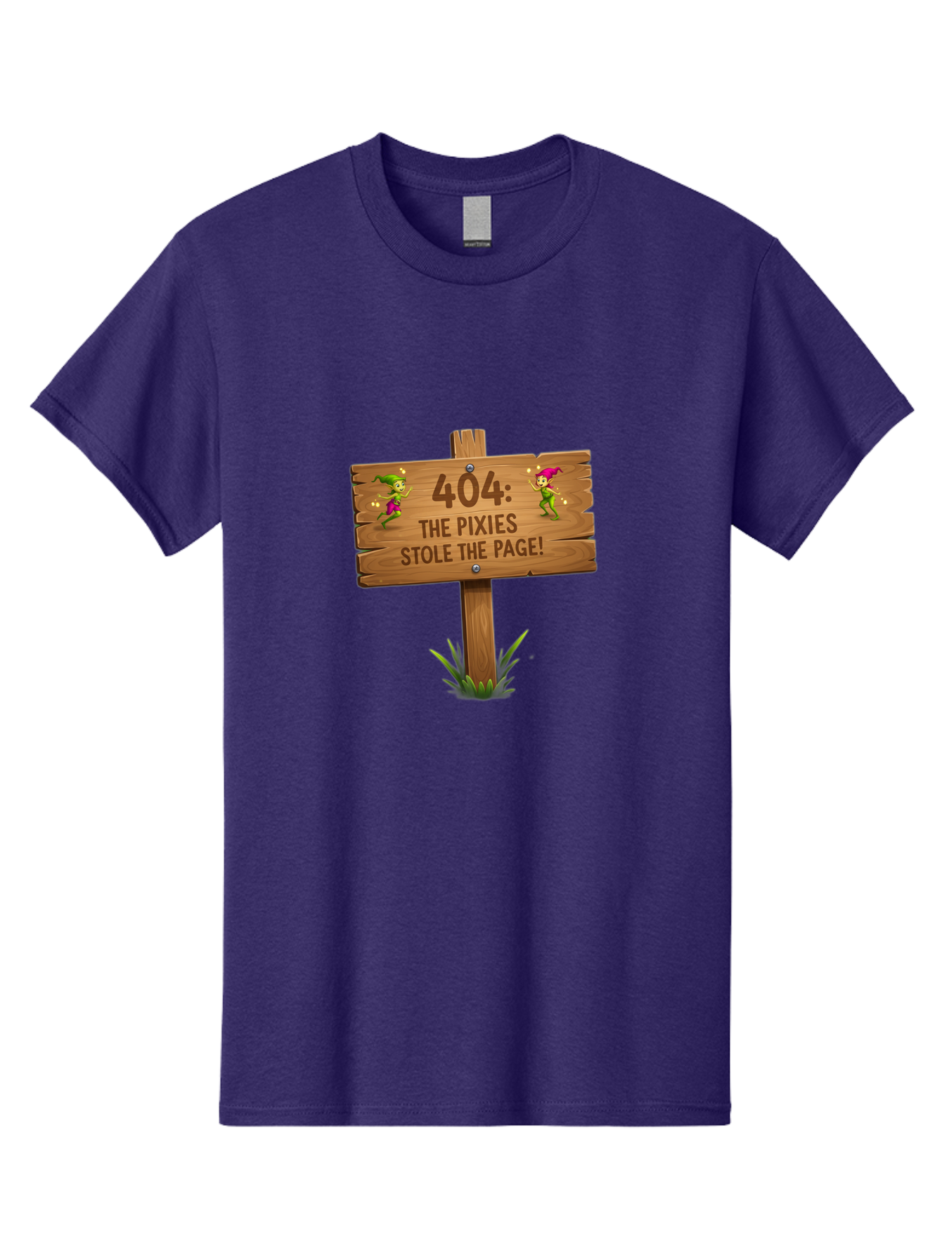 404-The-Pixies-Stole-The-Page Men'S Graphic Tee, 100% Cotton, Comfortable Casual Summer Wear, Machine Washable, Wooden Sign, Error 404, Mischievous Pixies, Lost Page, Playful Elves, Digital Mishaps, Website Errors, Fun, Mythical Creatures, Baa111