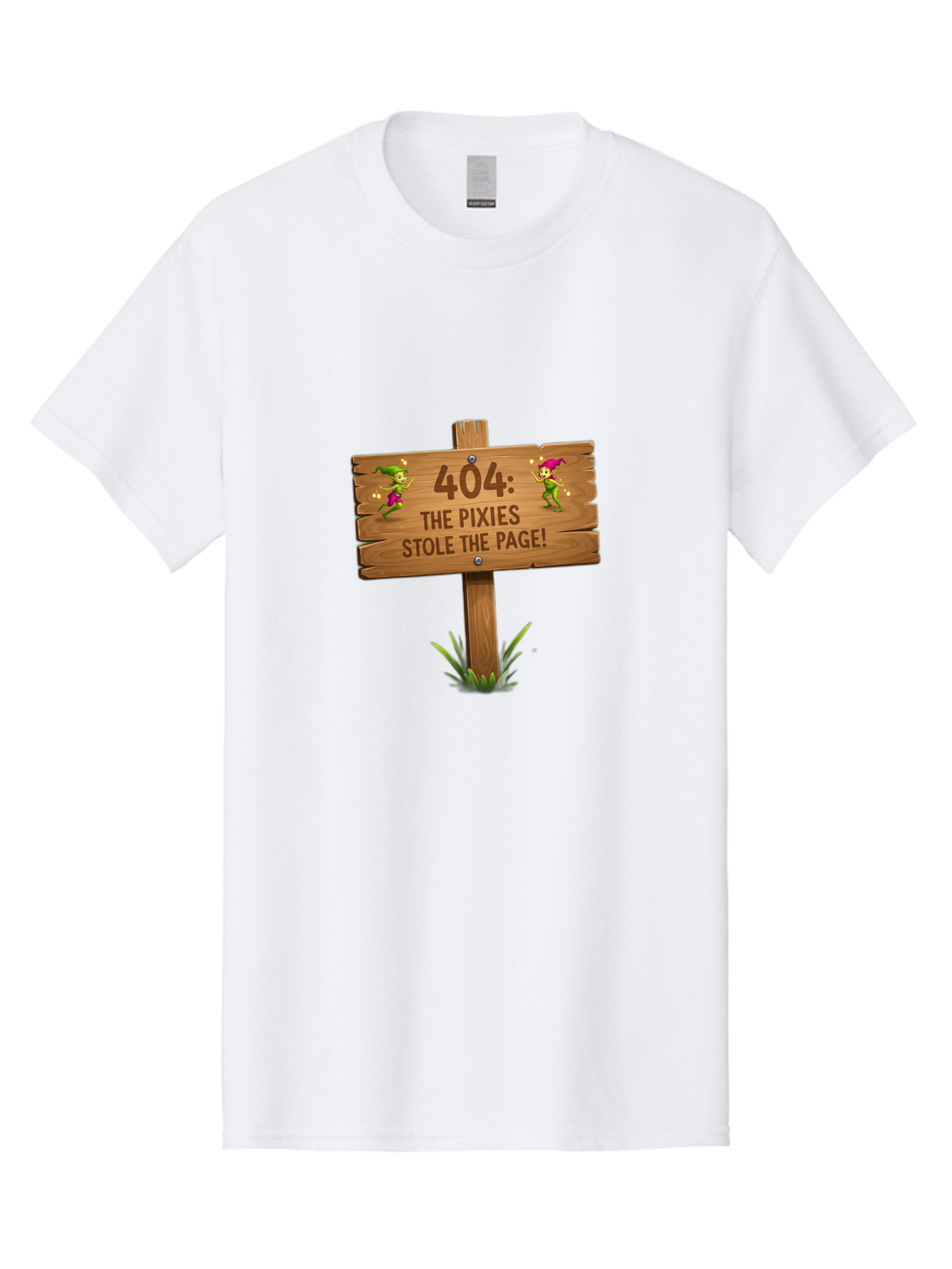 404-The-Pixies-Stole-The-Page Men'S Graphic Tee, 100% Cotton, Comfortable Casual Summer Wear, Machine Washable, Wooden Sign, Error 404, Mischievous Pixies, Lost Page, Playful Elves, Digital Mishaps, Website Errors, Fun, Mythical Creatures, Baa111