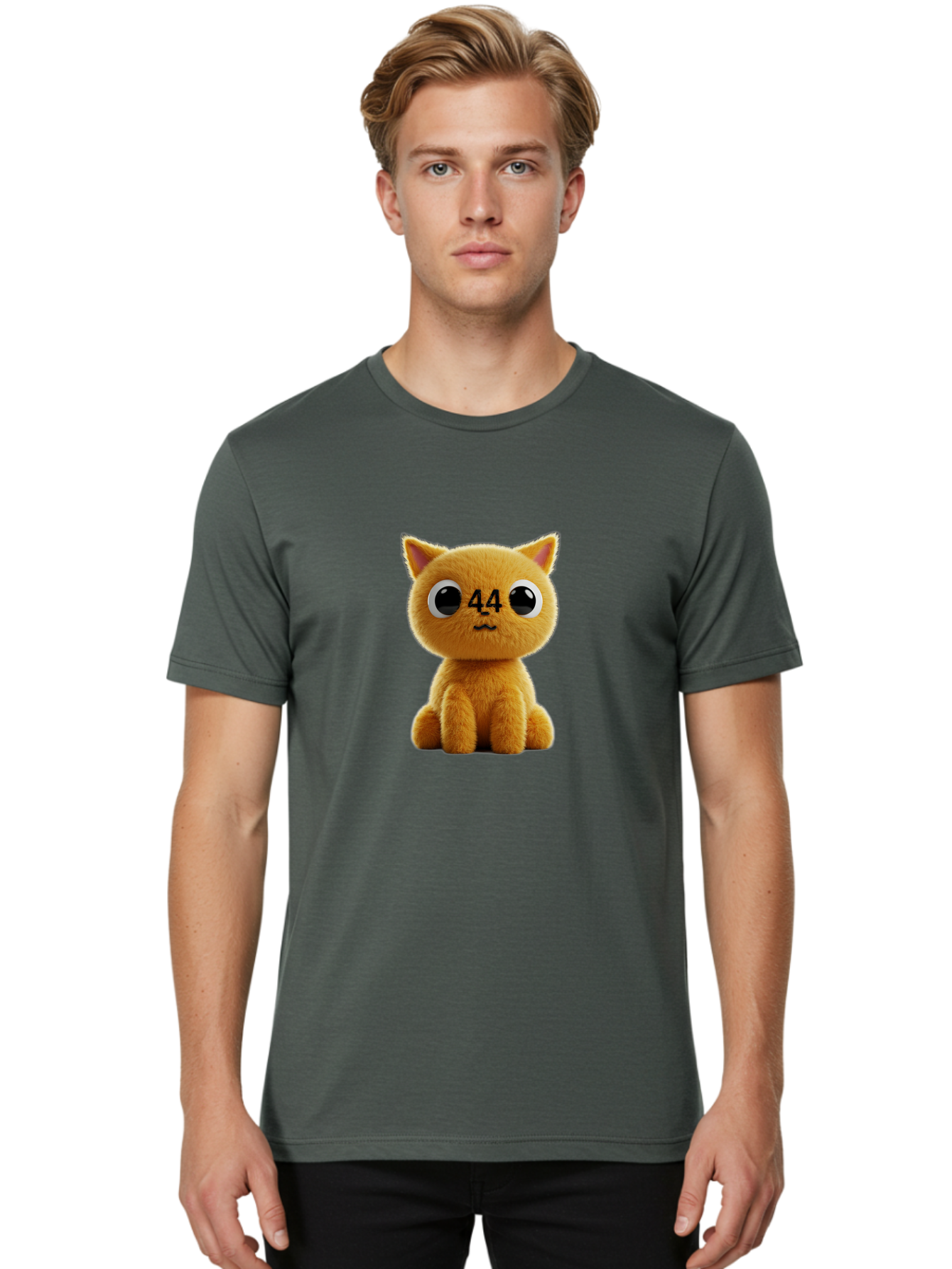44 Men'S Graphic Tee, 100% Cotton, Comfortable Casual Summer Wear, Machine Washable, Cute Cartoon Cat, Funny Cat Design, Orange Cat Plush, Cartoonish Eyes, Adorable Facial Expression, Kawaii Character, Number 44 Design, Soft Toy Baa114