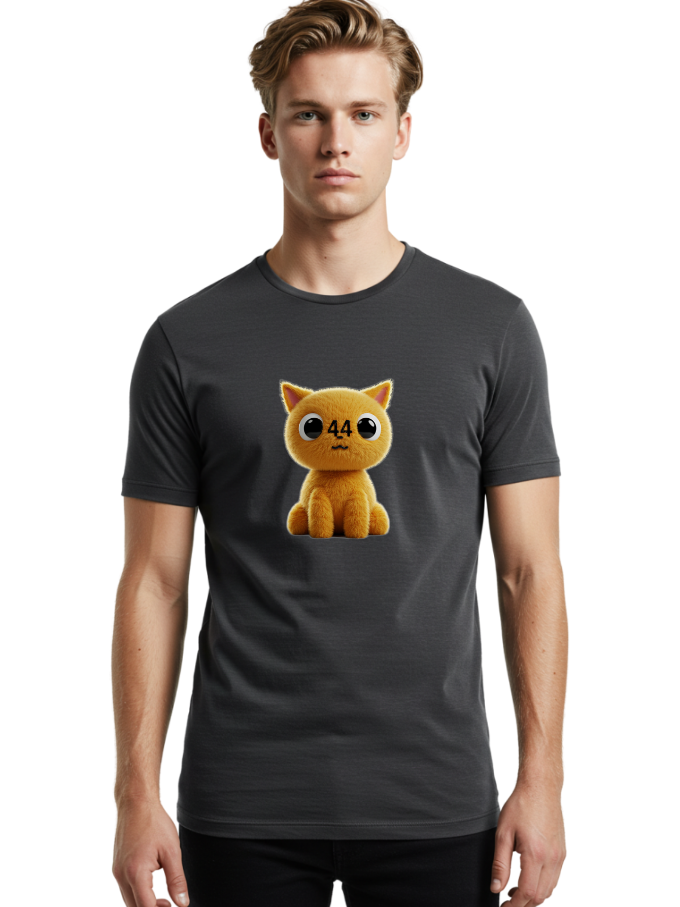 44 Men'S Graphic Tee, 100% Cotton, Comfortable Casual Summer Wear, Machine Washable, Cute Cartoon Cat, Funny Cat Design, Orange Cat Plush, Cartoonish Eyes, Adorable Facial Expression, Kawaii Character, Number 44 Design, Soft Toy Baa114