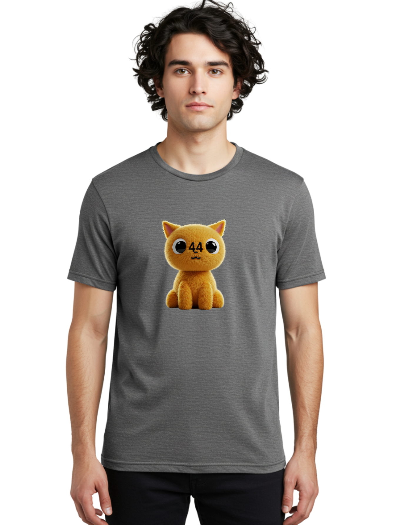 44 Men'S Graphic Tee, 100% Cotton, Comfortable Casual Summer Wear, Machine Washable, Cute Cartoon Cat, Funny Cat Design, Orange Cat Plush, Cartoonish Eyes, Adorable Facial Expression, Kawaii Character, Number 44 Design, Soft Toy Baa114