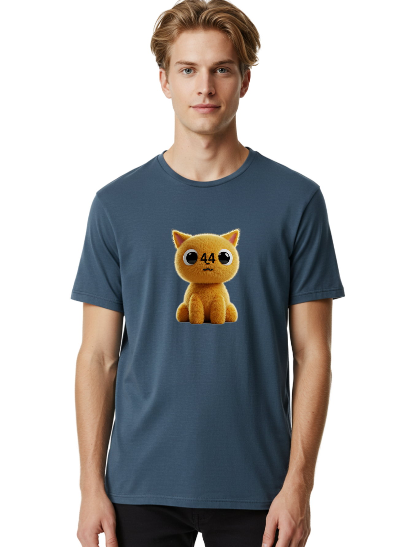 44 Men'S Graphic Tee, 100% Cotton, Comfortable Casual Summer Wear, Machine Washable, Cute Cartoon Cat, Funny Cat Design, Orange Cat Plush, Cartoonish Eyes, Adorable Facial Expression, Kawaii Character, Number 44 Design, Soft Toy Baa114