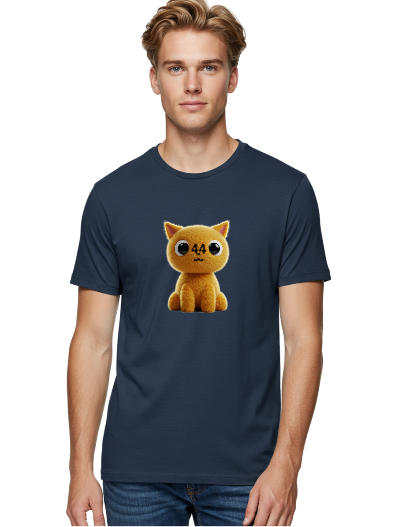 44 Men'S Graphic Tee, 100% Cotton, Comfortable Casual Summer Wear, Machine Washable, Cute Cartoon Cat, Funny Cat Design, Orange Cat Plush, Cartoonish Eyes, Adorable Facial Expression, Kawaii Character, Number 44 Design, Soft Toy Baa114