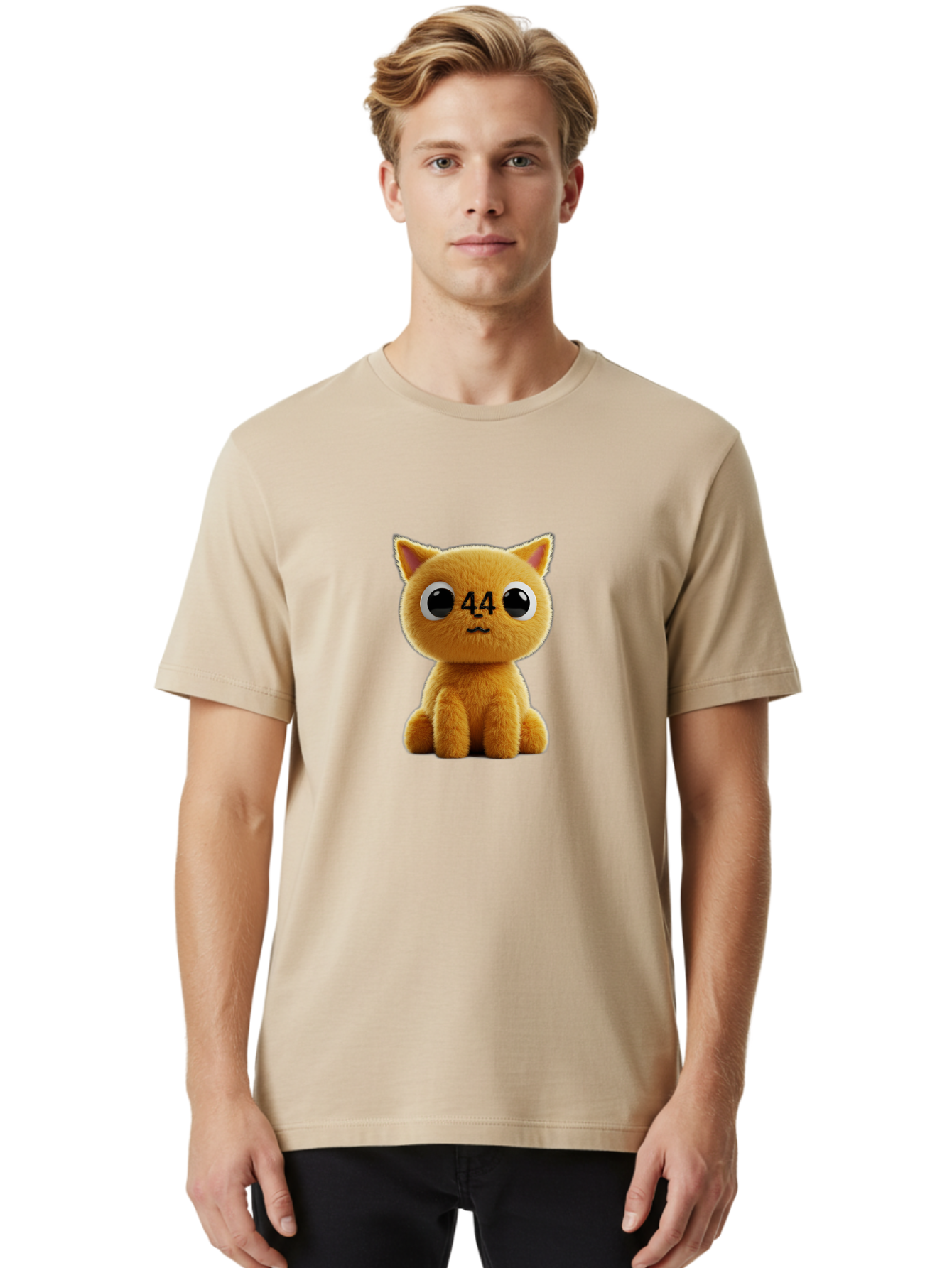 44 Men'S Graphic Tee, 100% Cotton, Comfortable Casual Summer Wear, Machine Washable, Cute Cartoon Cat, Funny Cat Design, Orange Cat Plush, Cartoonish Eyes, Adorable Facial Expression, Kawaii Character, Number 44 Design, Soft Toy Baa114