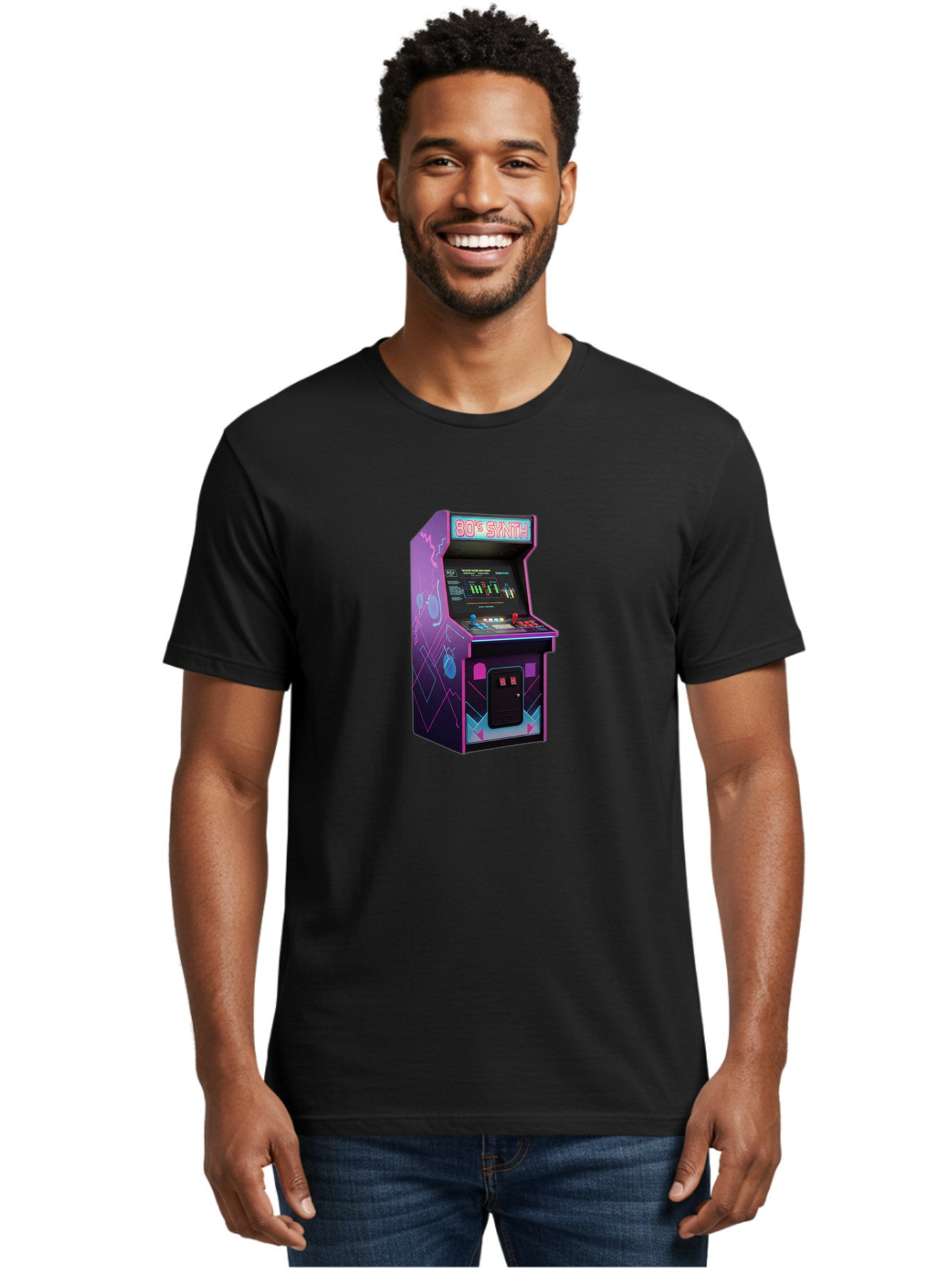 80-S-Synth-Arcade-Machine Men'S Graphic Tee, 100% Cotton, Comfortable Casual Summer Wear, Machine Washable, Retro Arcade Machine, Vintage Gaming, 80S Synth Music, Classic Video Games, Neon Lights, Pixel Art, Nostalgic Atmosphere, Baa115
