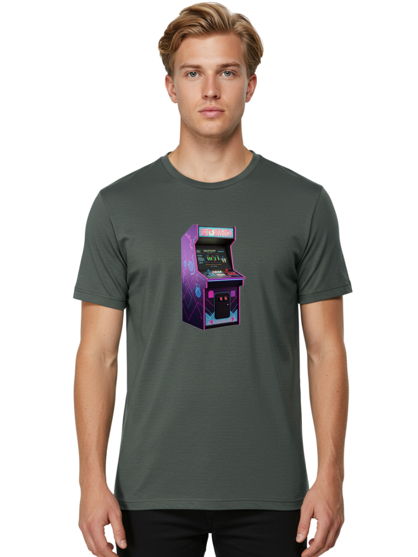 80-S-Synth-Arcade-Machine Men'S Graphic Tee, 100% Cotton, Comfortable Casual Summer Wear, Machine Washable, Retro Arcade Machine, Vintage Gaming, 80S Synth Music, Classic Video Games, Neon Lights, Pixel Art, Nostalgic Atmosphere, Baa115