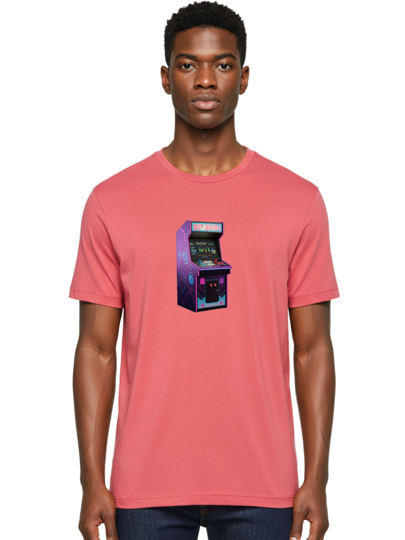 80-S-Synth-Arcade-Machine Men'S Graphic Tee, 100% Cotton, Comfortable Casual Summer Wear, Machine Washable, Retro Arcade Machine, Vintage Gaming, 80S Synth Music, Classic Video Games, Neon Lights, Pixel Art, Nostalgic Atmosphere, Baa115