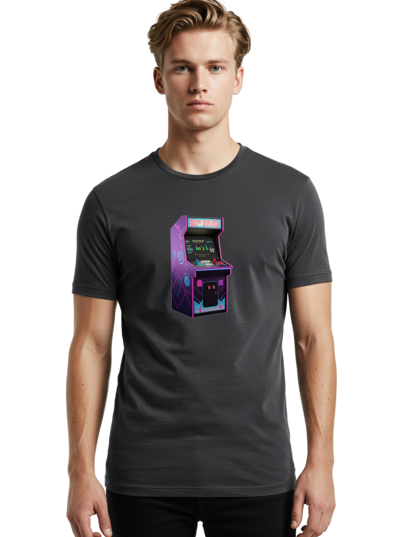 80-S-Synth-Arcade-Machine Men'S Graphic Tee, 100% Cotton, Comfortable Casual Summer Wear, Machine Washable, Retro Arcade Machine, Vintage Gaming, 80S Synth Music, Classic Video Games, Neon Lights, Pixel Art, Nostalgic Atmosphere, Baa115