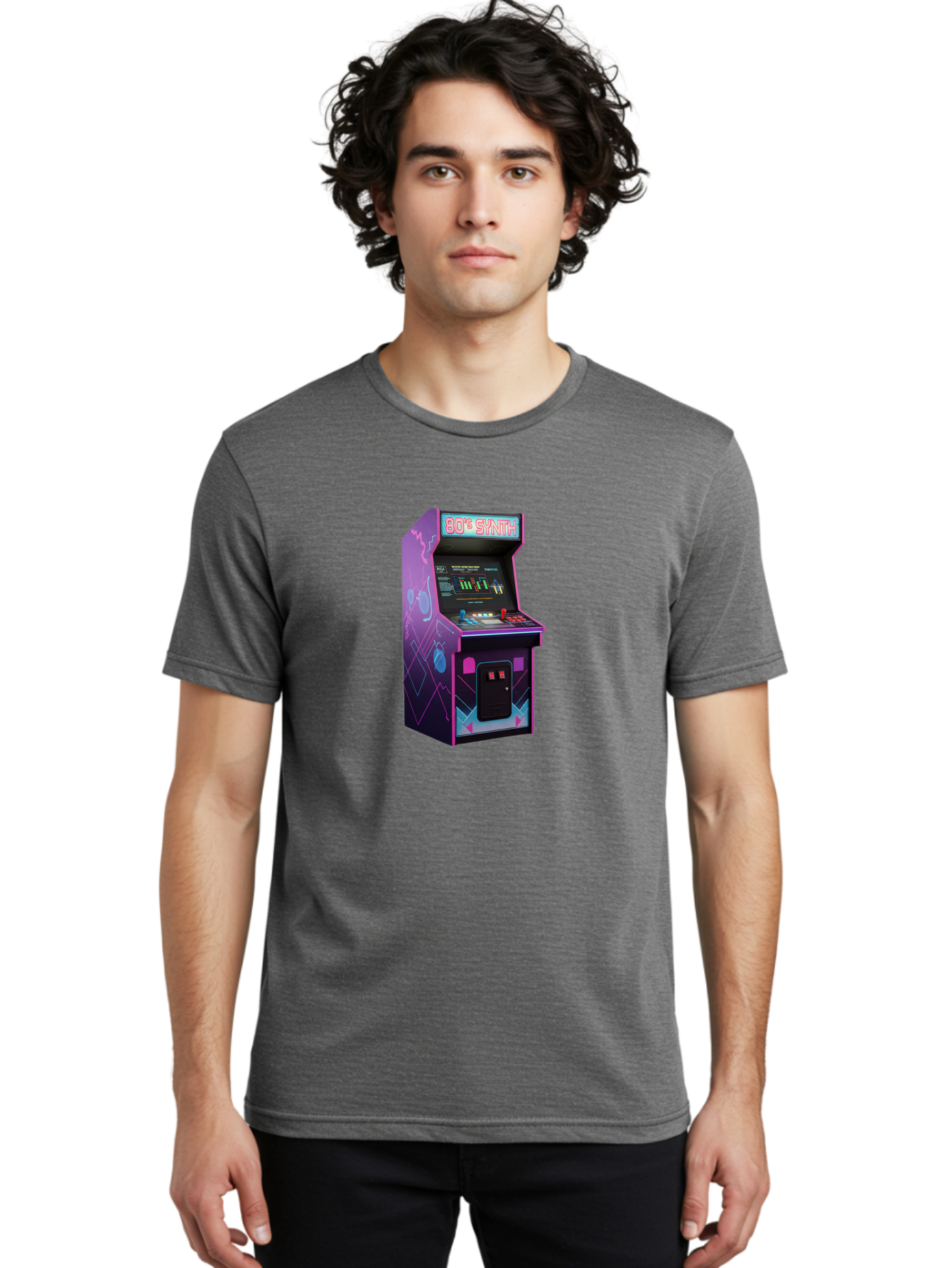 80-S-Synth-Arcade-Machine Men'S Graphic Tee, 100% Cotton, Comfortable Casual Summer Wear, Machine Washable, Retro Arcade Machine, Vintage Gaming, 80S Synth Music, Classic Video Games, Neon Lights, Pixel Art, Nostalgic Atmosphere, Baa115