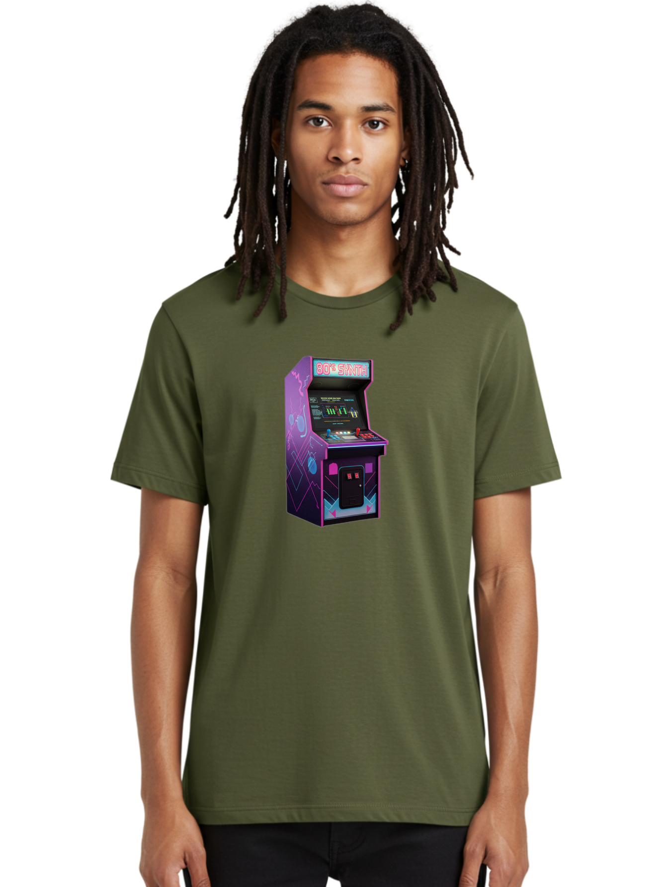 80-S-Synth-Arcade-Machine Men'S Graphic Tee, 100% Cotton, Comfortable Casual Summer Wear, Machine Washable, Retro Arcade Machine, Vintage Gaming, 80S Synth Music, Classic Video Games, Neon Lights, Pixel Art, Nostalgic Atmosphere, Baa115