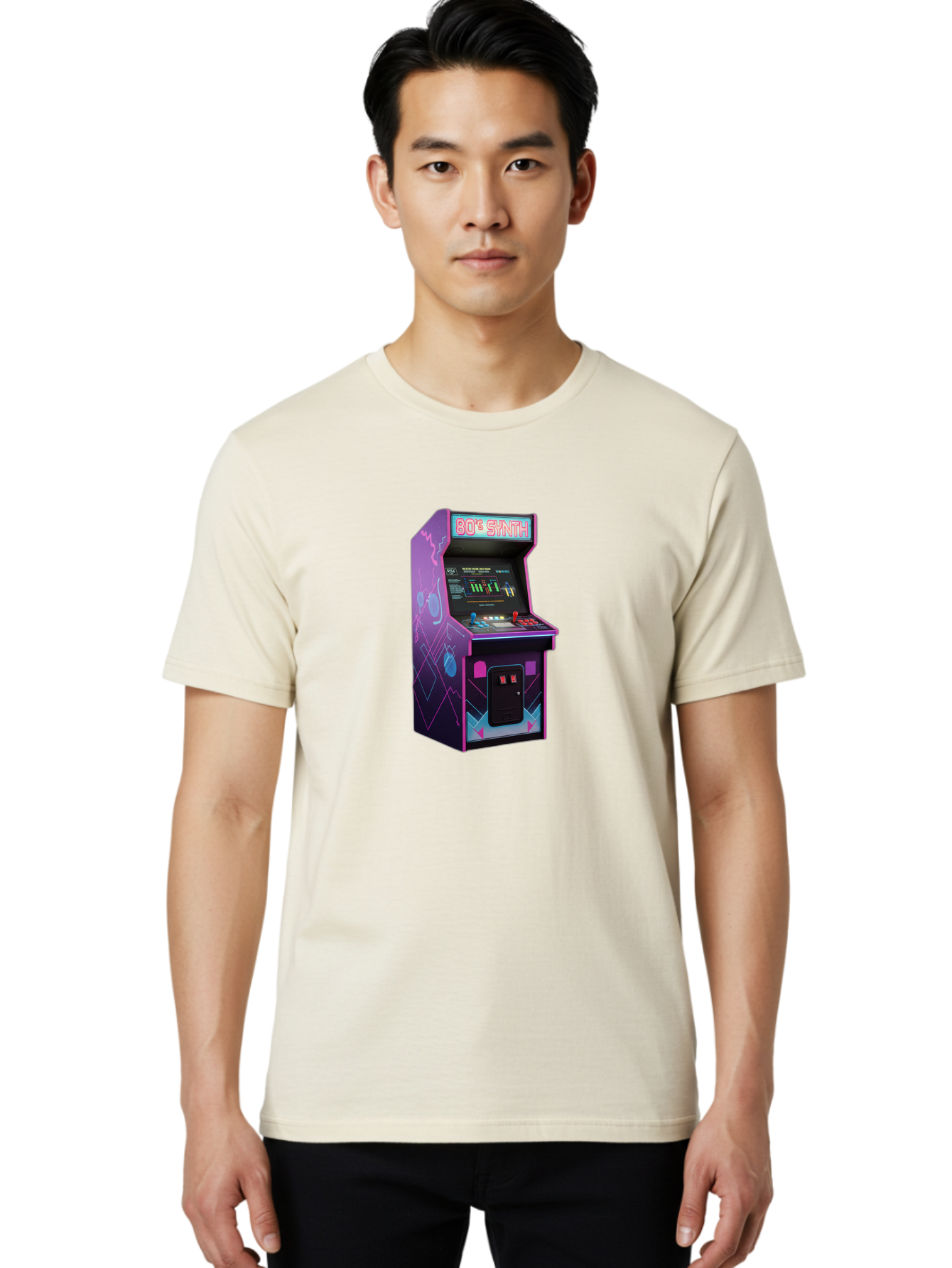 80-S-Synth-Arcade-Machine Men'S Graphic Tee, 100% Cotton, Comfortable Casual Summer Wear, Machine Washable, Retro Arcade Machine, Vintage Gaming, 80S Synth Music, Classic Video Games, Neon Lights, Pixel Art, Nostalgic Atmosphere, Baa115