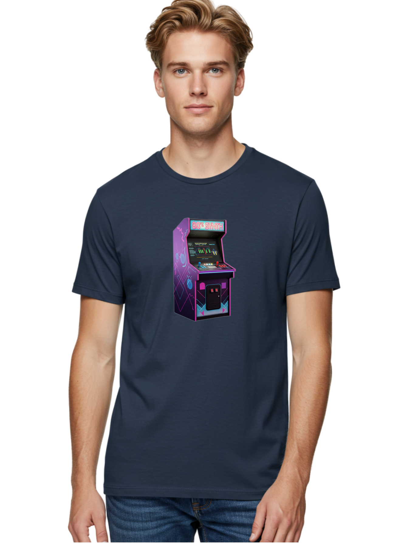 80-S-Synth-Arcade-Machine Men'S Graphic Tee, 100% Cotton, Comfortable Casual Summer Wear, Machine Washable, Retro Arcade Machine, Vintage Gaming, 80S Synth Music, Classic Video Games, Neon Lights, Pixel Art, Nostalgic Atmosphere, Baa115