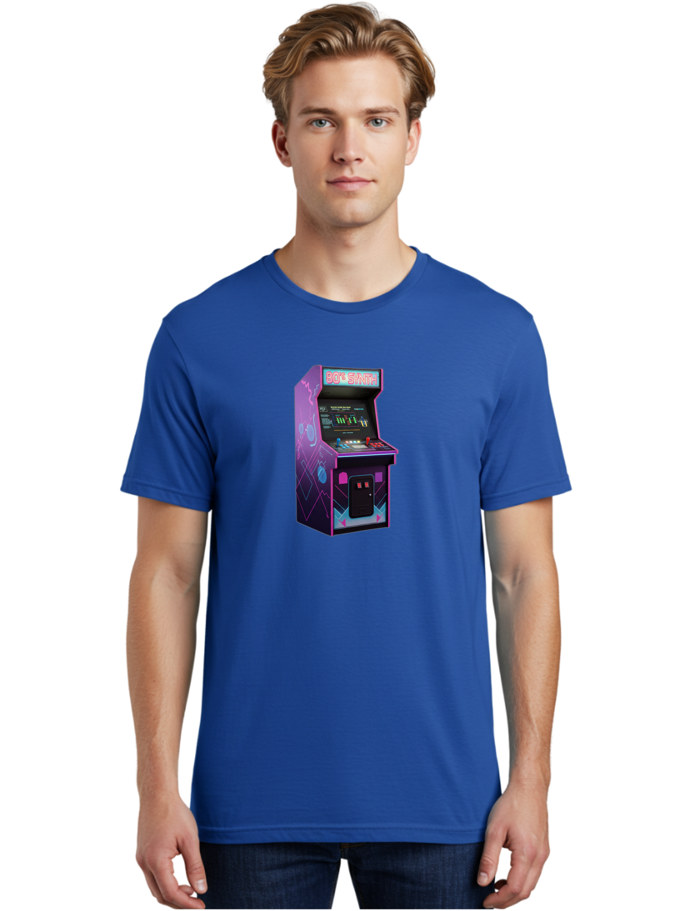 80-S-Synth-Arcade-Machine Men'S Graphic Tee, 100% Cotton, Comfortable Casual Summer Wear, Machine Washable, Retro Arcade Machine, Vintage Gaming, 80S Synth Music, Classic Video Games, Neon Lights, Pixel Art, Nostalgic Atmosphere, Baa115