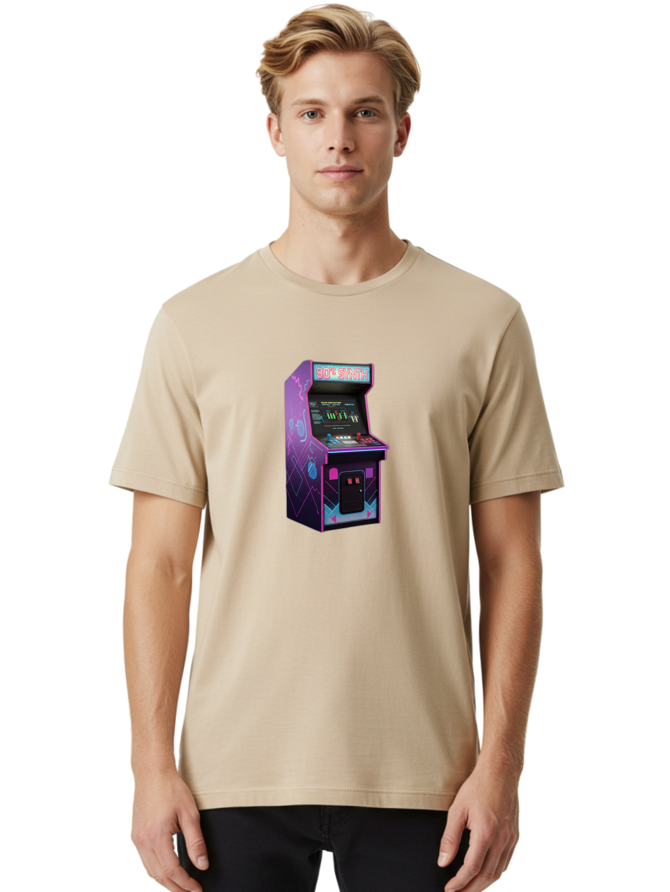 80-S-Synth-Arcade-Machine Men'S Graphic Tee, 100% Cotton, Comfortable Casual Summer Wear, Machine Washable, Retro Arcade Machine, Vintage Gaming, 80S Synth Music, Classic Video Games, Neon Lights, Pixel Art, Nostalgic Atmosphere, Baa115
