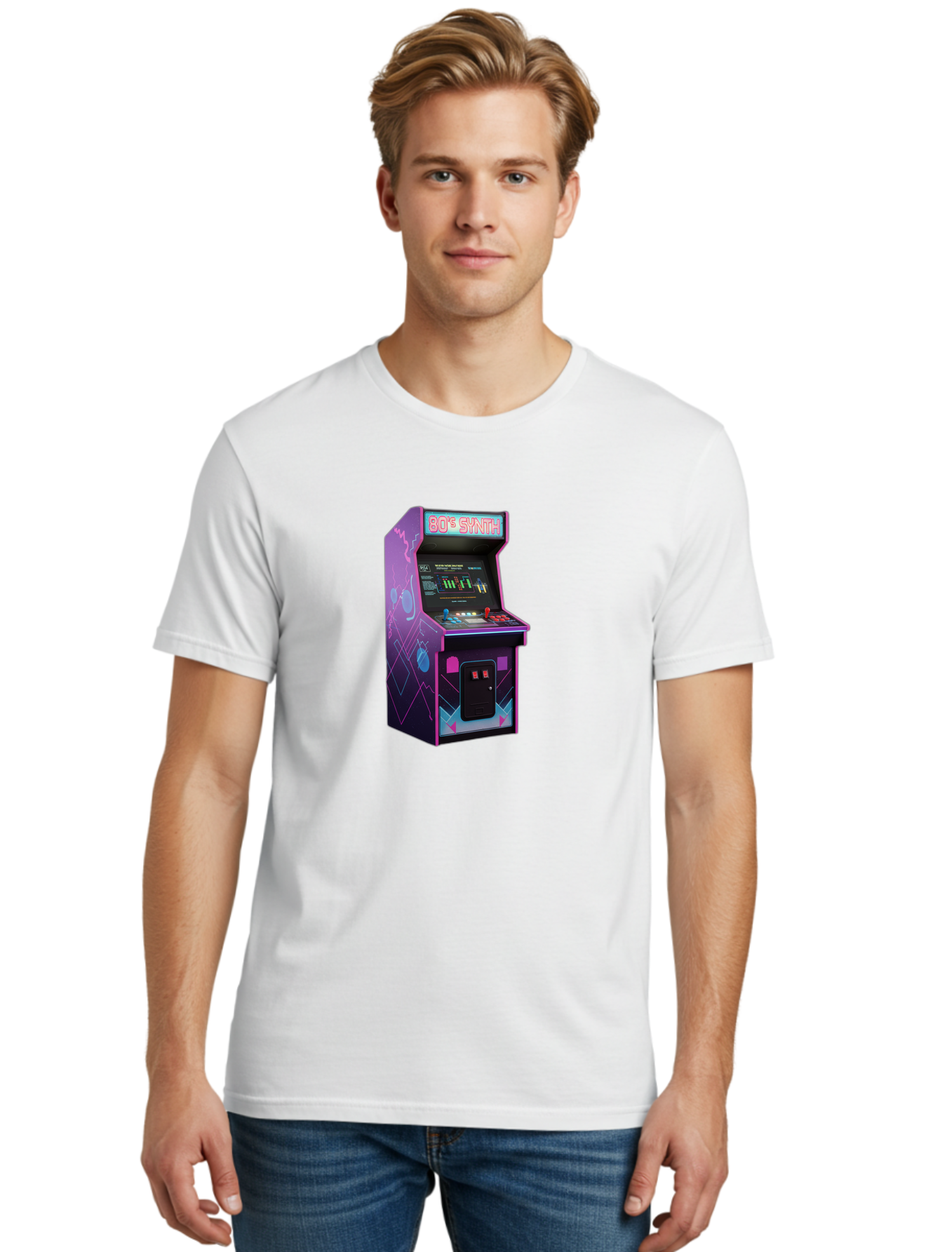 80-S-Synth-Arcade-Machine Men'S Graphic Tee, 100% Cotton, Comfortable Casual Summer Wear, Machine Washable, Retro Arcade Machine, Vintage Gaming, 80S Synth Music, Classic Video Games, Neon Lights, Pixel Art, Nostalgic Atmosphere, Baa115