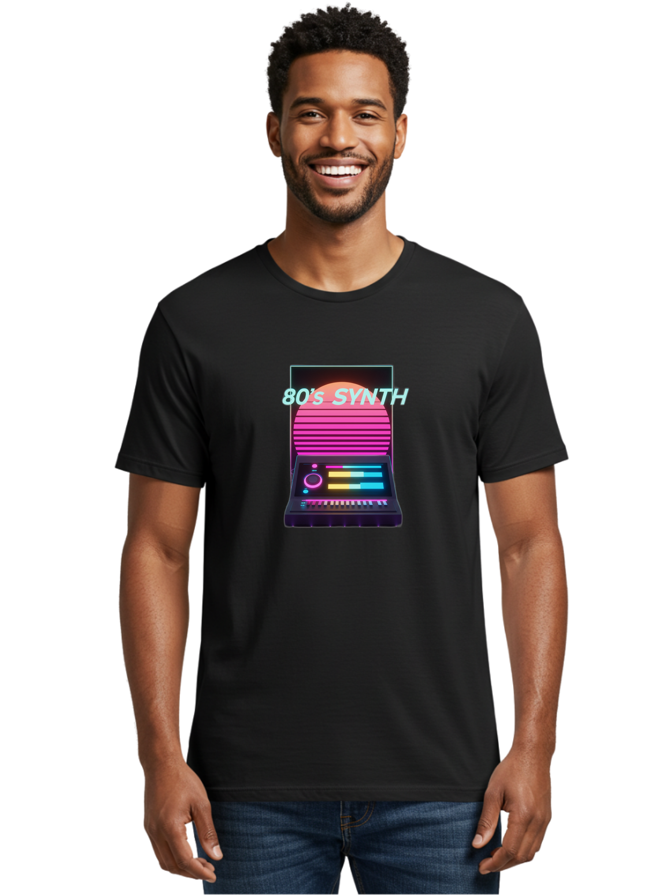 80-S-Synth Men'S Graphic Tee, 100% Cotton, Comfortable Casual Summer Wear, Machine Washable, Vintage Synthesizer, Retro 80S Aesthetic, Electronic Music Equipment, Pink And Orange Hues, Neon Lights, Colorful Sliders, Keyboard, Baa118
