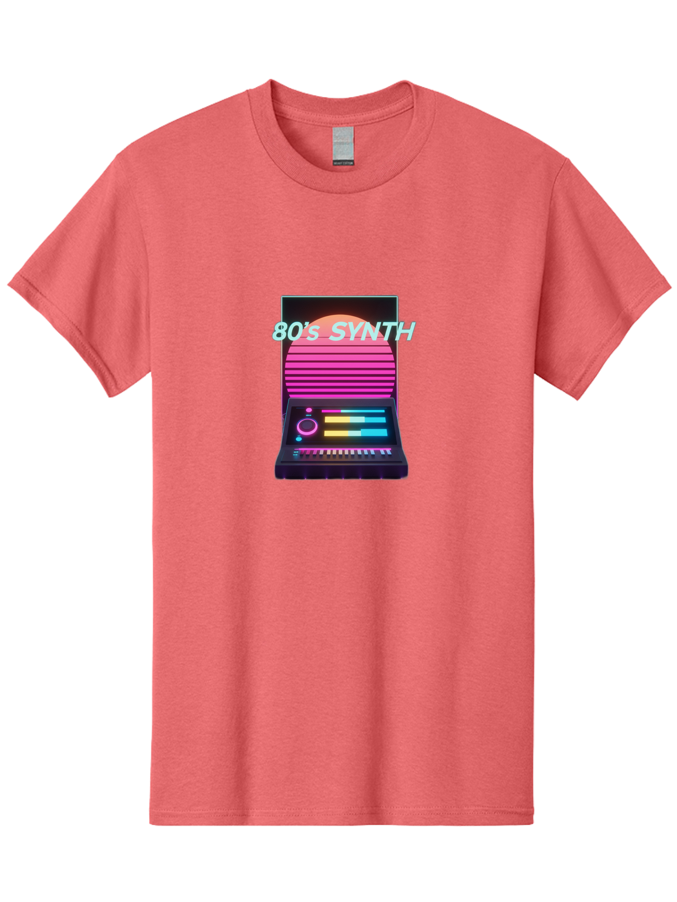 80-S-Synth Men'S Graphic Tee, 100% Cotton, Comfortable Casual Summer Wear, Machine Washable, Vintage Synthesizer, Retro 80S Aesthetic, Electronic Music Equipment, Pink And Orange Hues, Neon Lights, Colorful Sliders, Keyboard, Baa118