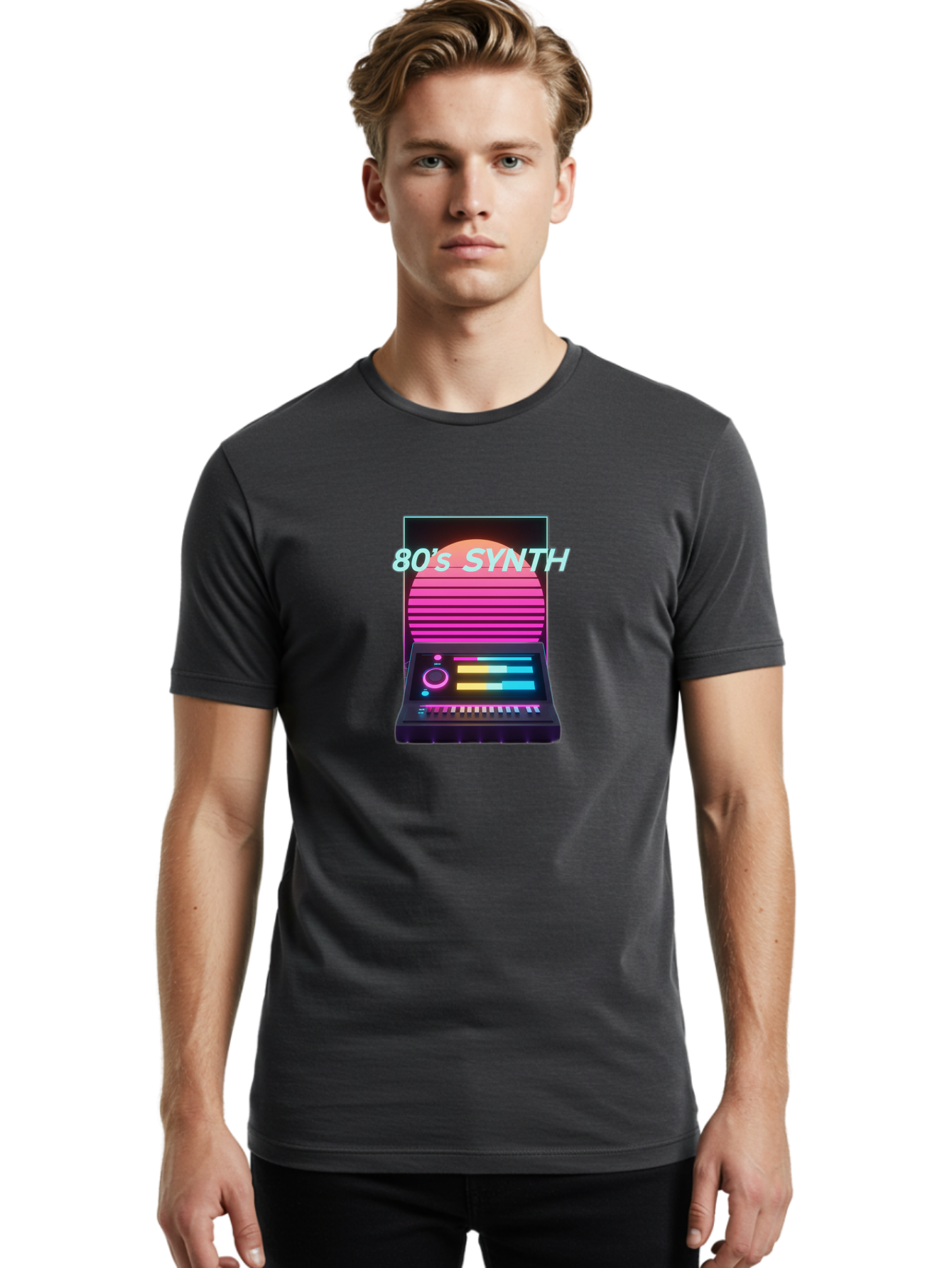 80-S-Synth Men'S Graphic Tee, 100% Cotton, Comfortable Casual Summer Wear, Machine Washable, Vintage Synthesizer, Retro 80S Aesthetic, Electronic Music Equipment, Pink And Orange Hues, Neon Lights, Colorful Sliders, Keyboard, Baa118