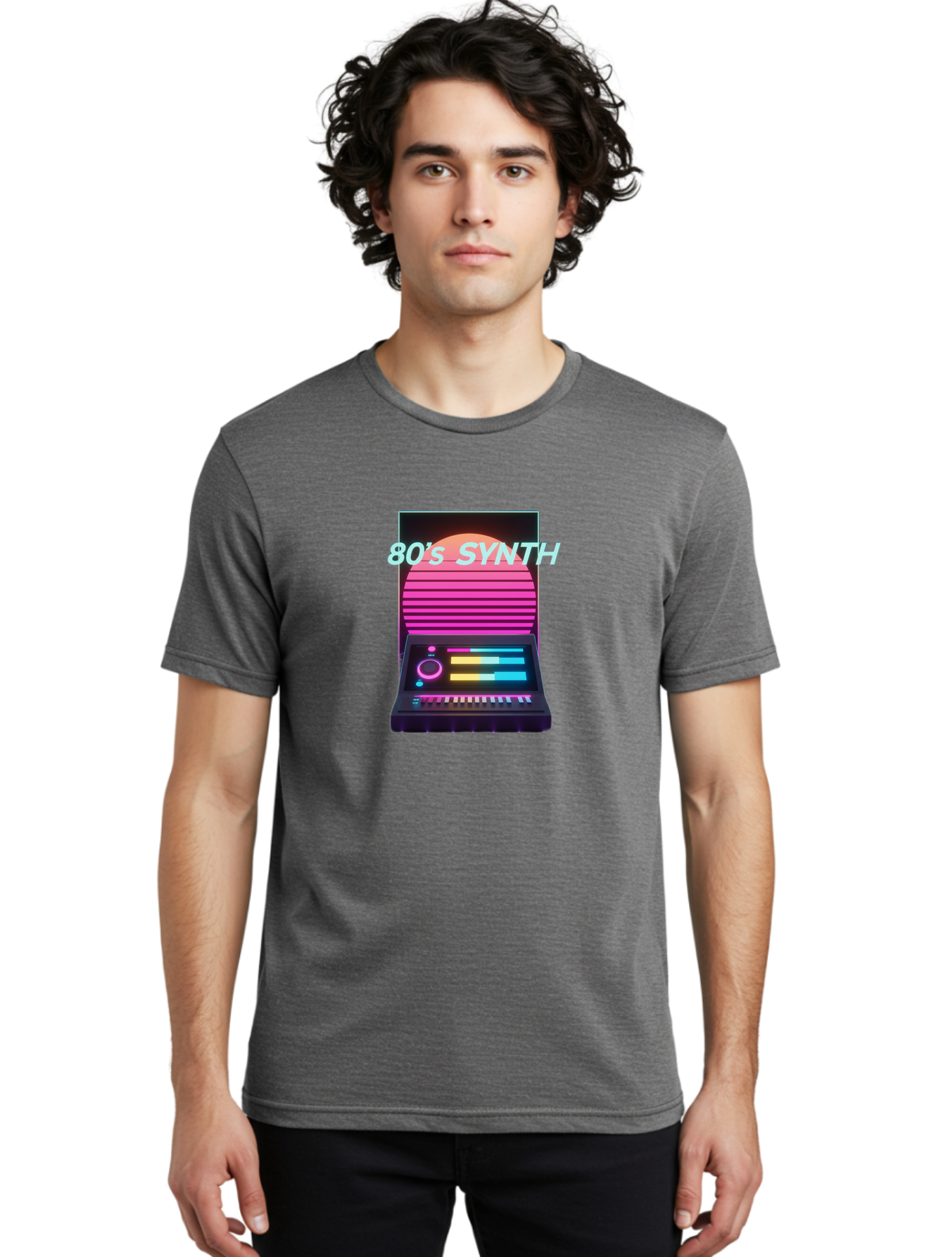 80-S-Synth Men'S Graphic Tee, 100% Cotton, Comfortable Casual Summer Wear, Machine Washable, Vintage Synthesizer, Retro 80S Aesthetic, Electronic Music Equipment, Pink And Orange Hues, Neon Lights, Colorful Sliders, Keyboard, Baa118