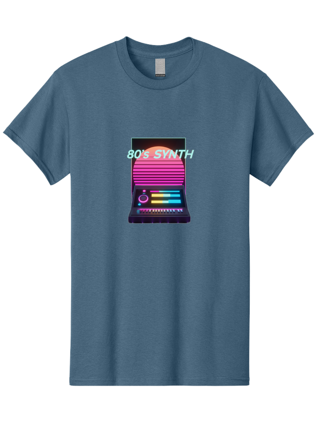 80-S-Synth Men'S Graphic Tee, 100% Cotton, Comfortable Casual Summer Wear, Machine Washable, Vintage Synthesizer, Retro 80S Aesthetic, Electronic Music Equipment, Pink And Orange Hues, Neon Lights, Colorful Sliders, Keyboard, Baa118