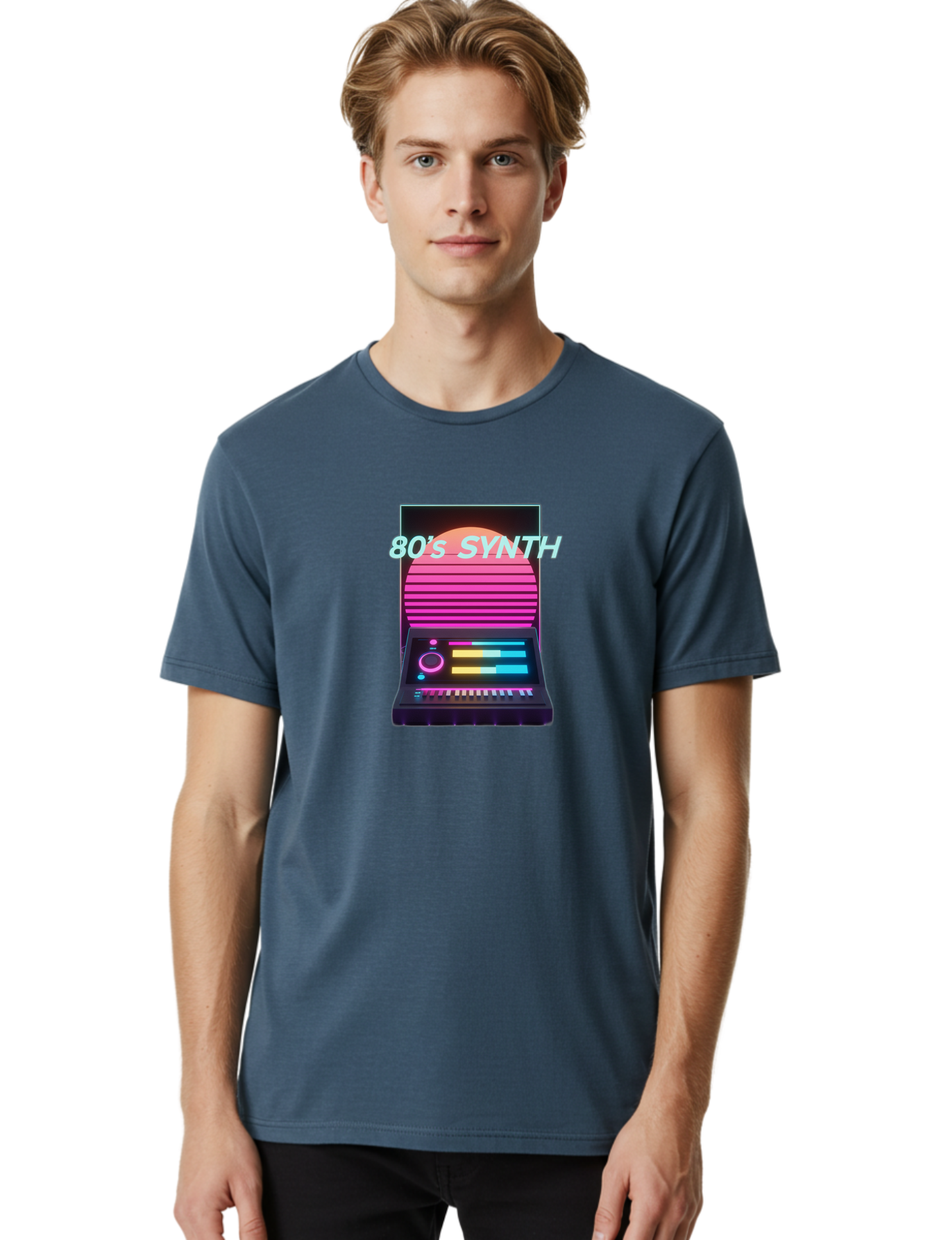 80-S-Synth Men'S Graphic Tee, 100% Cotton, Comfortable Casual Summer Wear, Machine Washable, Vintage Synthesizer, Retro 80S Aesthetic, Electronic Music Equipment, Pink And Orange Hues, Neon Lights, Colorful Sliders, Keyboard, Baa118