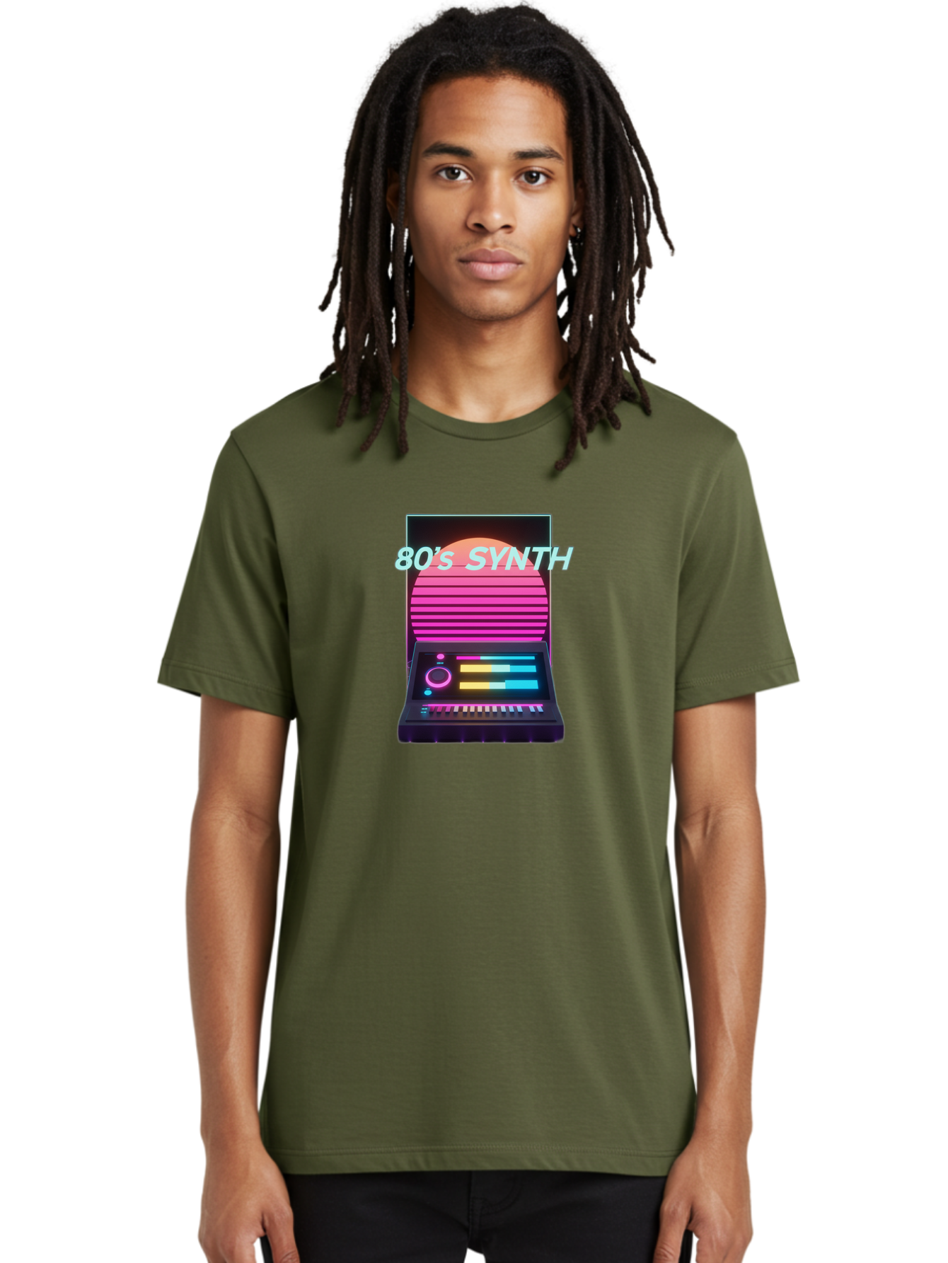 80-S-Synth Men'S Graphic Tee, 100% Cotton, Comfortable Casual Summer Wear, Machine Washable, Vintage Synthesizer, Retro 80S Aesthetic, Electronic Music Equipment, Pink And Orange Hues, Neon Lights, Colorful Sliders, Keyboard, Baa118