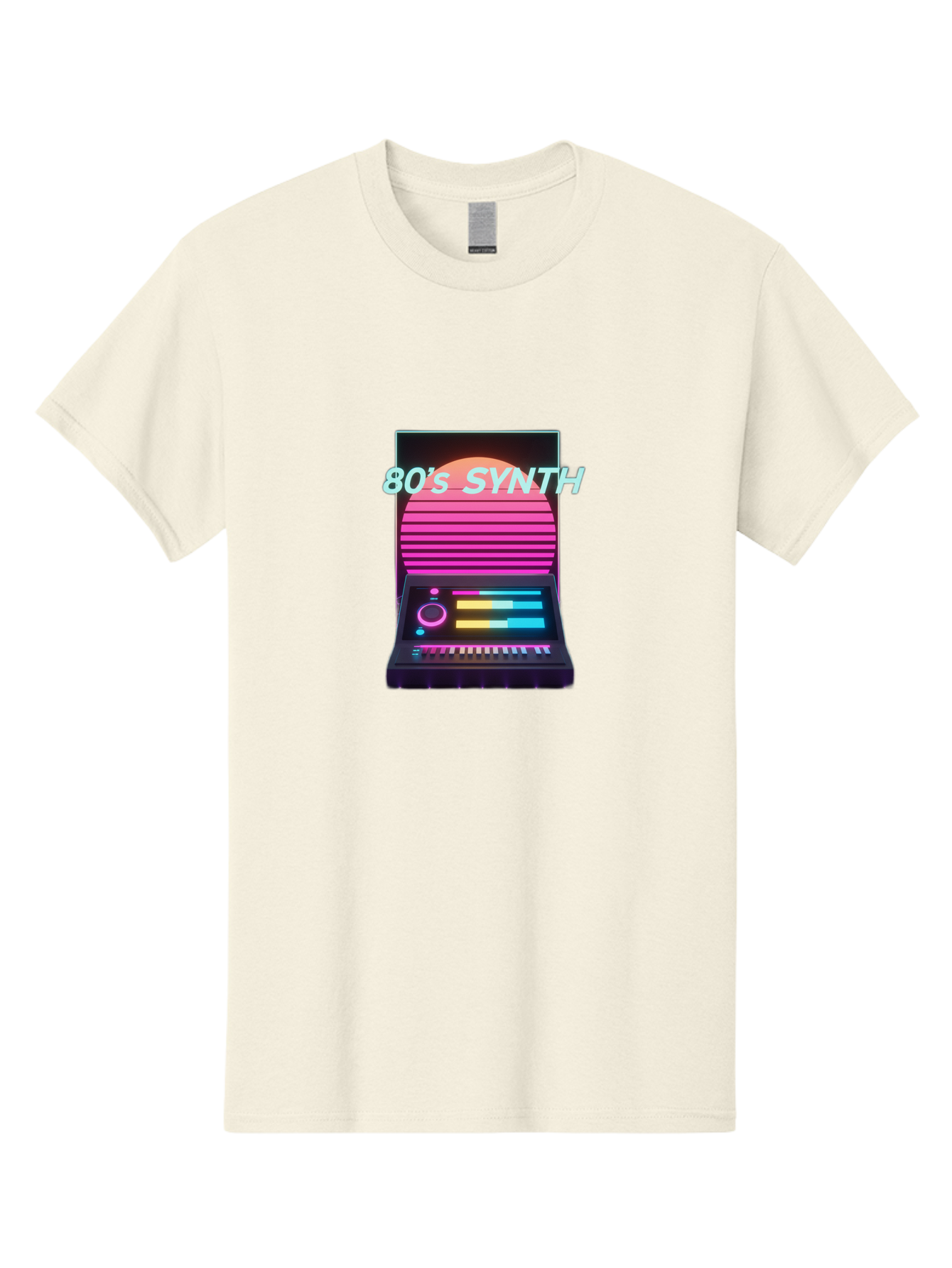 80-S-Synth Men'S Graphic Tee, 100% Cotton, Comfortable Casual Summer Wear, Machine Washable, Vintage Synthesizer, Retro 80S Aesthetic, Electronic Music Equipment, Pink And Orange Hues, Neon Lights, Colorful Sliders, Keyboard, Baa118