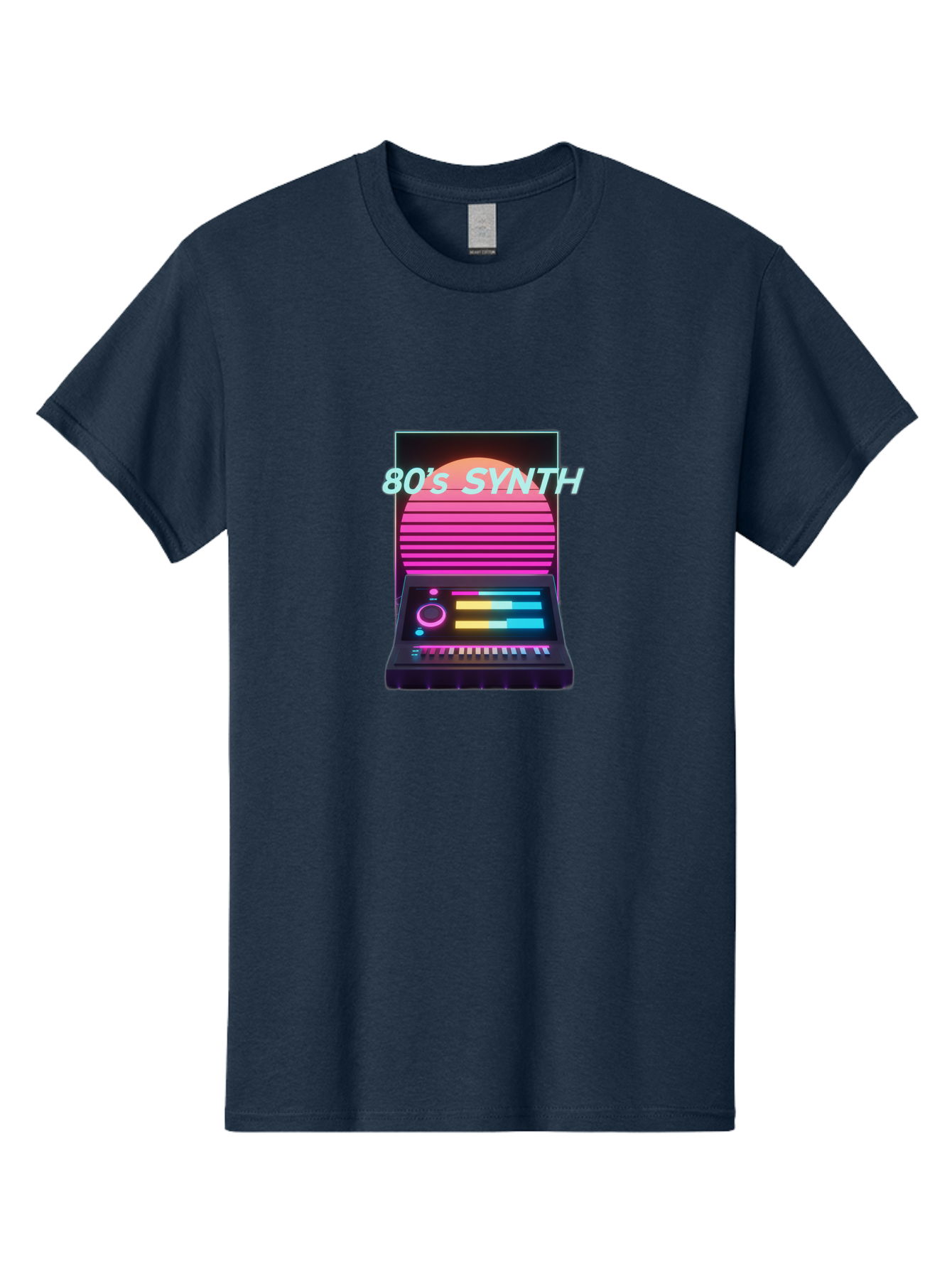 80-S-Synth Men'S Graphic Tee, 100% Cotton, Comfortable Casual Summer Wear, Machine Washable, Vintage Synthesizer, Retro 80S Aesthetic, Electronic Music Equipment, Pink And Orange Hues, Neon Lights, Colorful Sliders, Keyboard, Baa118
