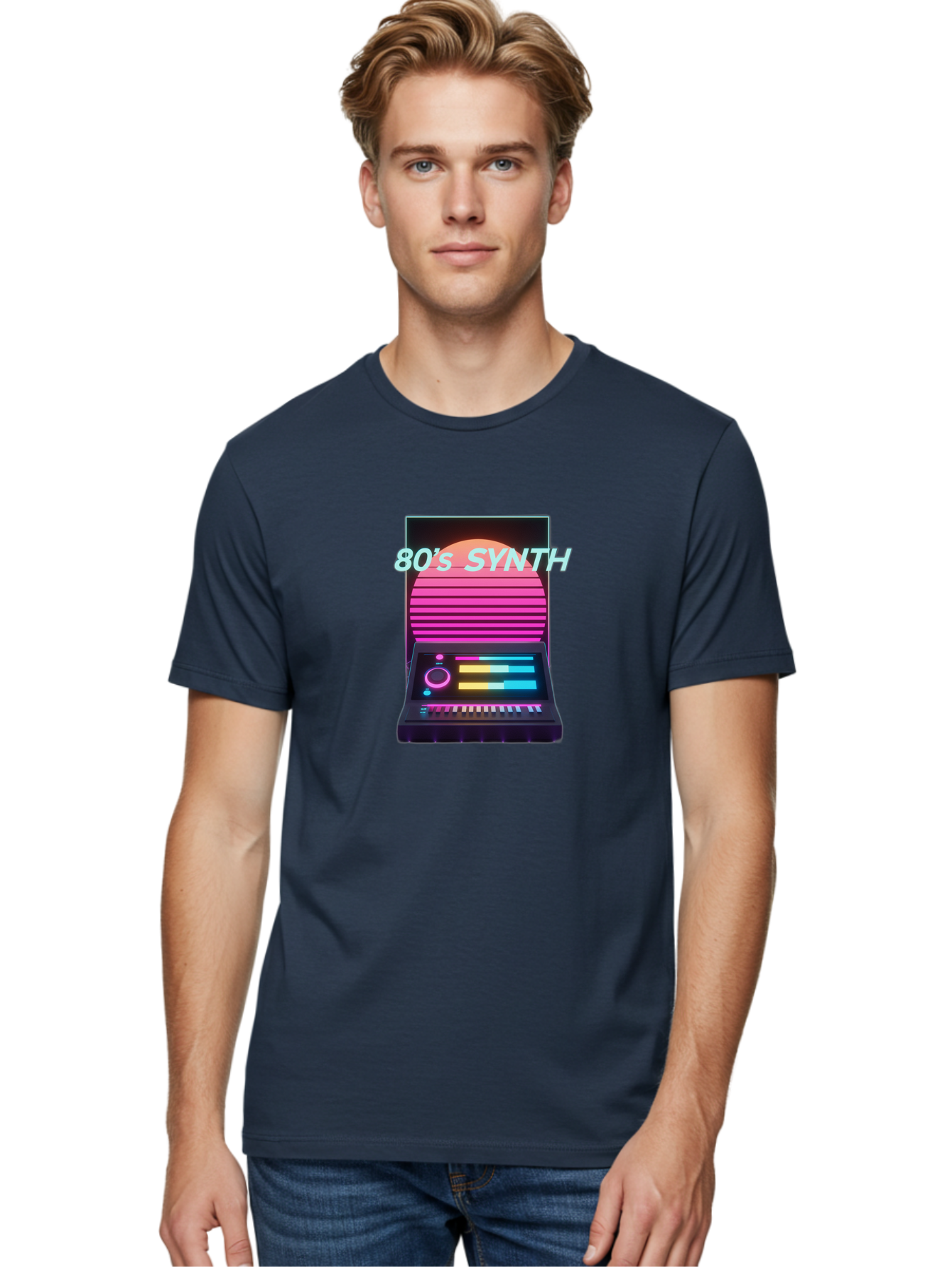 80-S-Synth Men'S Graphic Tee, 100% Cotton, Comfortable Casual Summer Wear, Machine Washable, Vintage Synthesizer, Retro 80S Aesthetic, Electronic Music Equipment, Pink And Orange Hues, Neon Lights, Colorful Sliders, Keyboard, Baa118