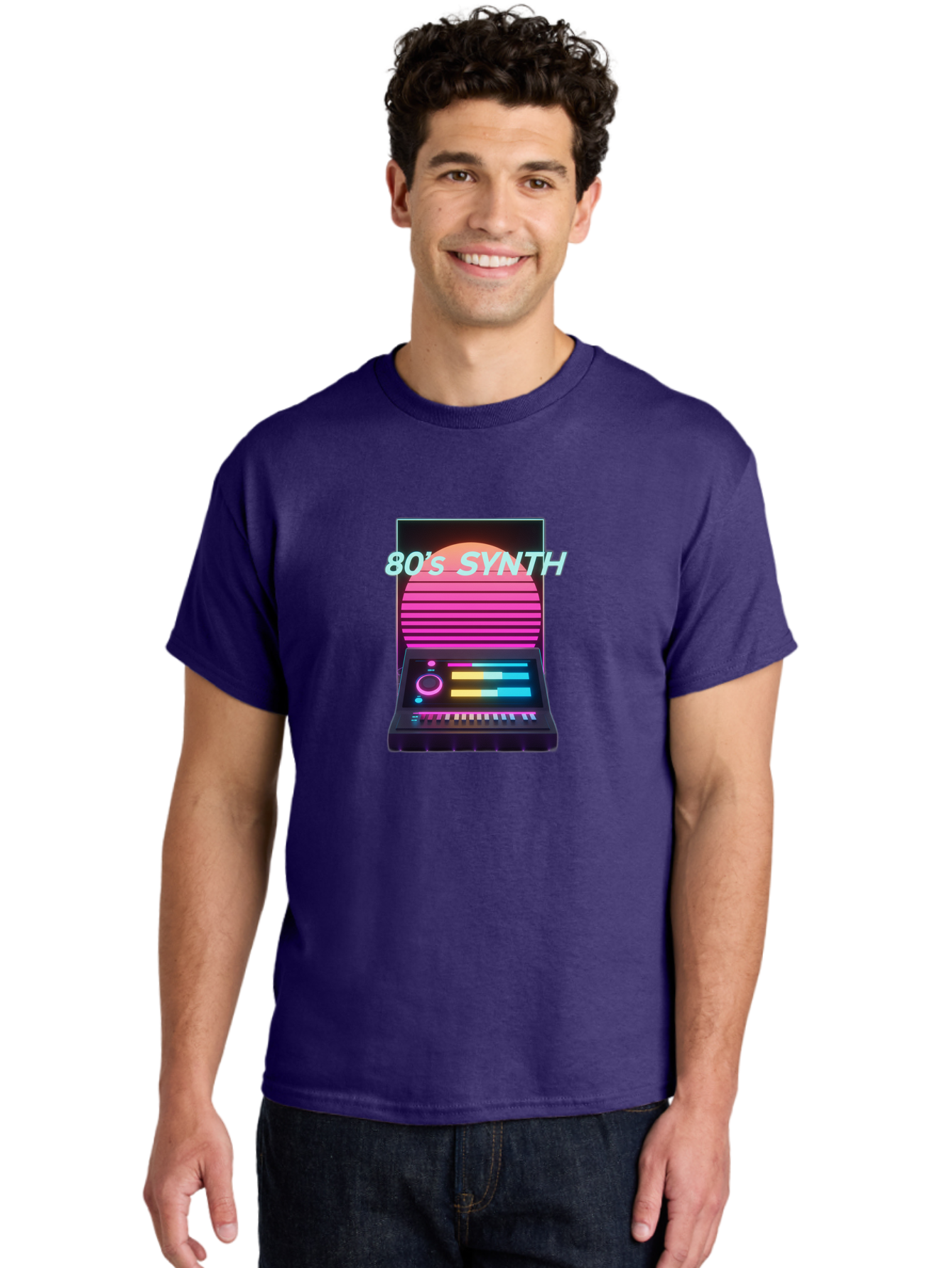 80-S-Synth Men'S Graphic Tee, 100% Cotton, Comfortable Casual Summer Wear, Machine Washable, Vintage Synthesizer, Retro 80S Aesthetic, Electronic Music Equipment, Pink And Orange Hues, Neon Lights, Colorful Sliders, Keyboard, Baa118