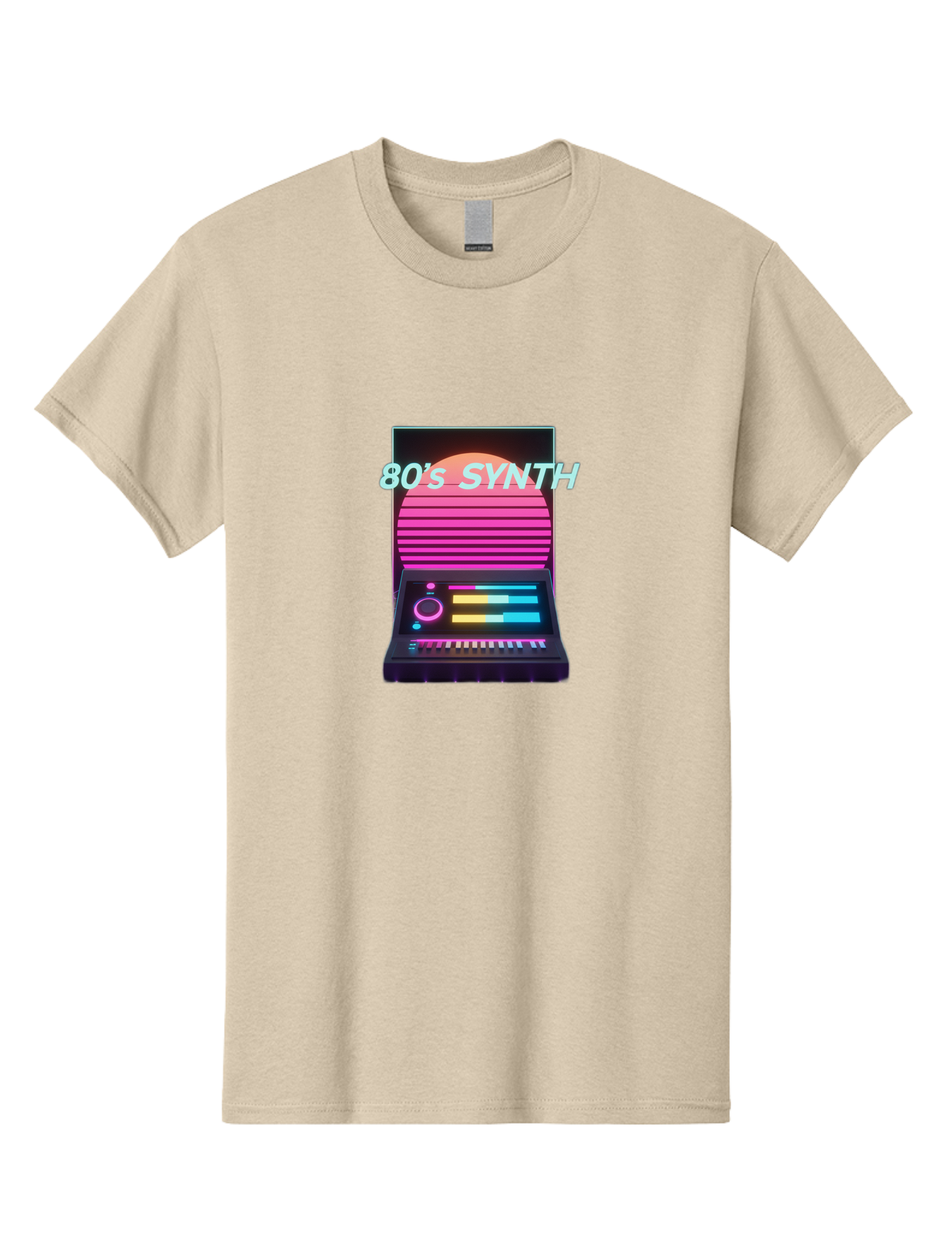 80-S-Synth Men'S Graphic Tee, 100% Cotton, Comfortable Casual Summer Wear, Machine Washable, Vintage Synthesizer, Retro 80S Aesthetic, Electronic Music Equipment, Pink And Orange Hues, Neon Lights, Colorful Sliders, Keyboard, Baa118