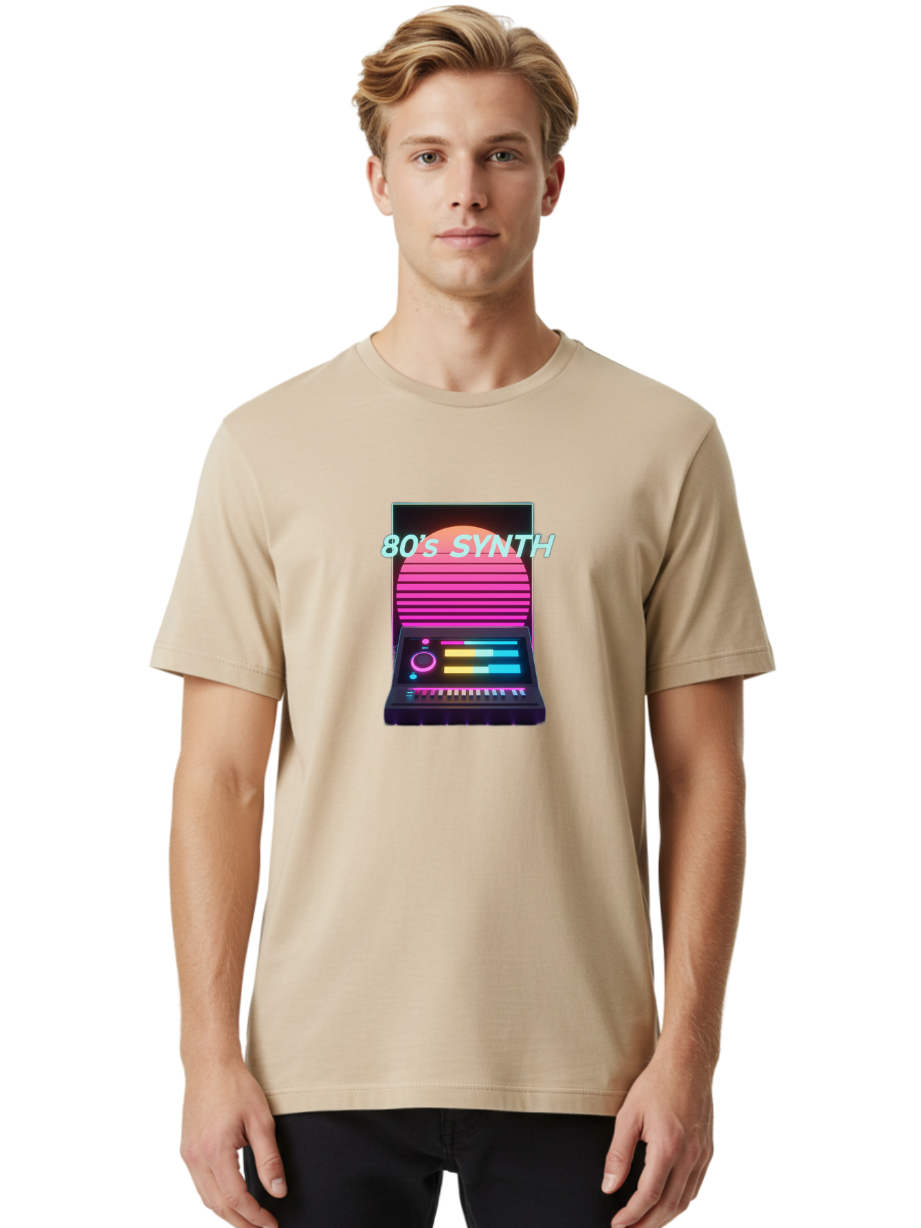80-S-Synth Men'S Graphic Tee, 100% Cotton, Comfortable Casual Summer Wear, Machine Washable, Vintage Synthesizer, Retro 80S Aesthetic, Electronic Music Equipment, Pink And Orange Hues, Neon Lights, Colorful Sliders, Keyboard, Baa118