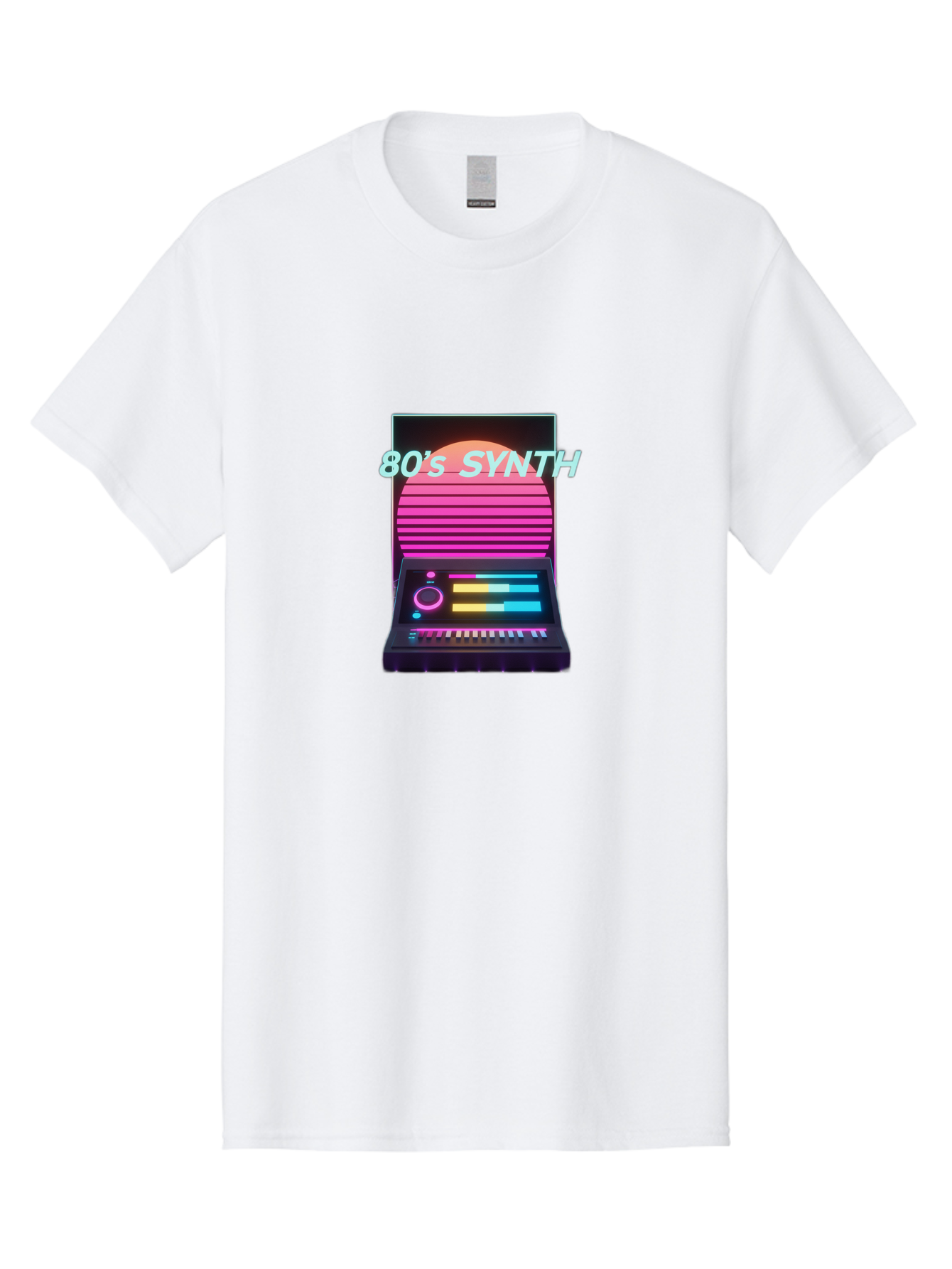 80-S-Synth Men'S Graphic Tee, 100% Cotton, Comfortable Casual Summer Wear, Machine Washable, Vintage Synthesizer, Retro 80S Aesthetic, Electronic Music Equipment, Pink And Orange Hues, Neon Lights, Colorful Sliders, Keyboard, Baa118