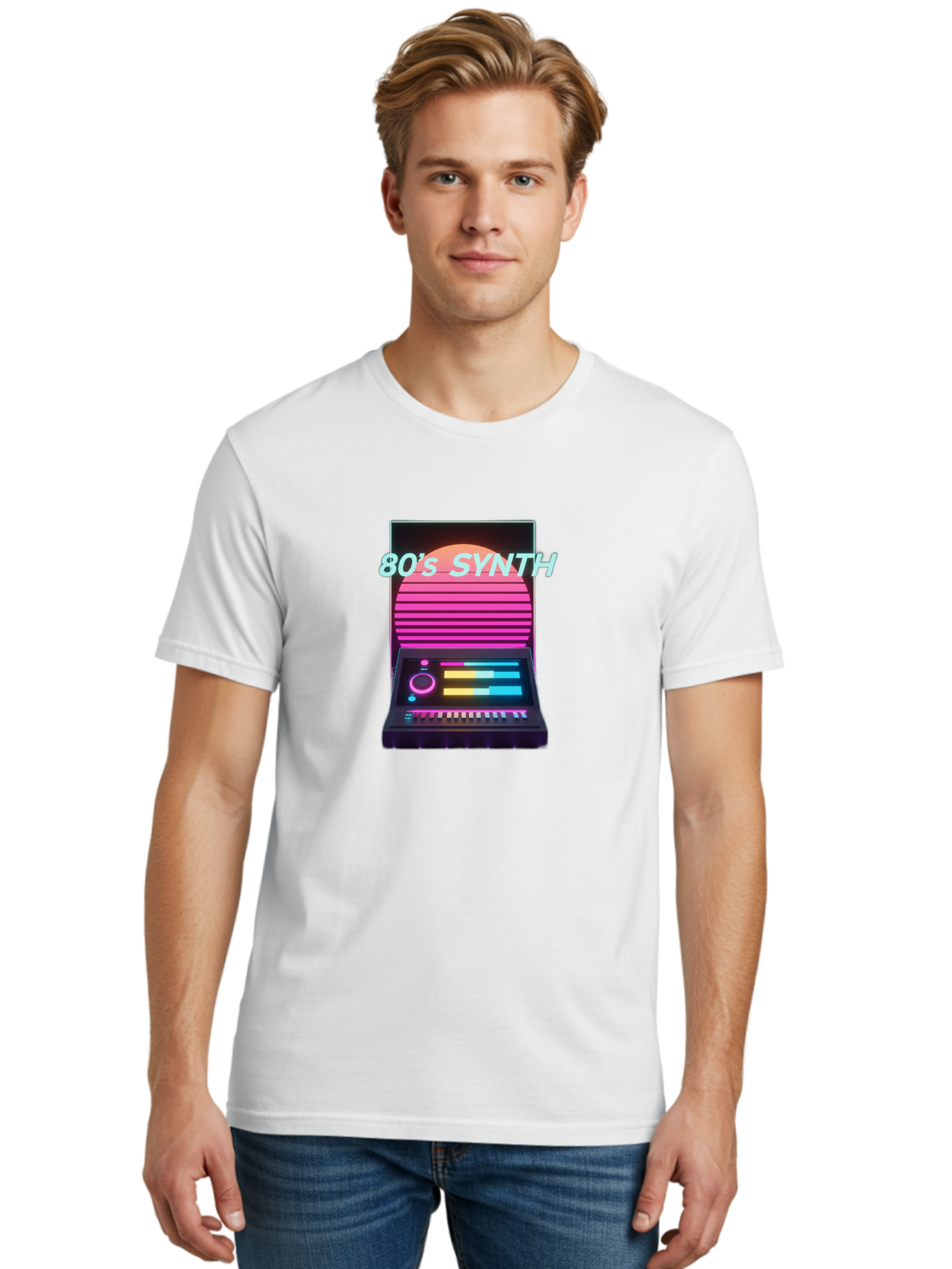 80-S-Synth Men'S Graphic Tee, 100% Cotton, Comfortable Casual Summer Wear, Machine Washable, Vintage Synthesizer, Retro 80S Aesthetic, Electronic Music Equipment, Pink And Orange Hues, Neon Lights, Colorful Sliders, Keyboard, Baa118