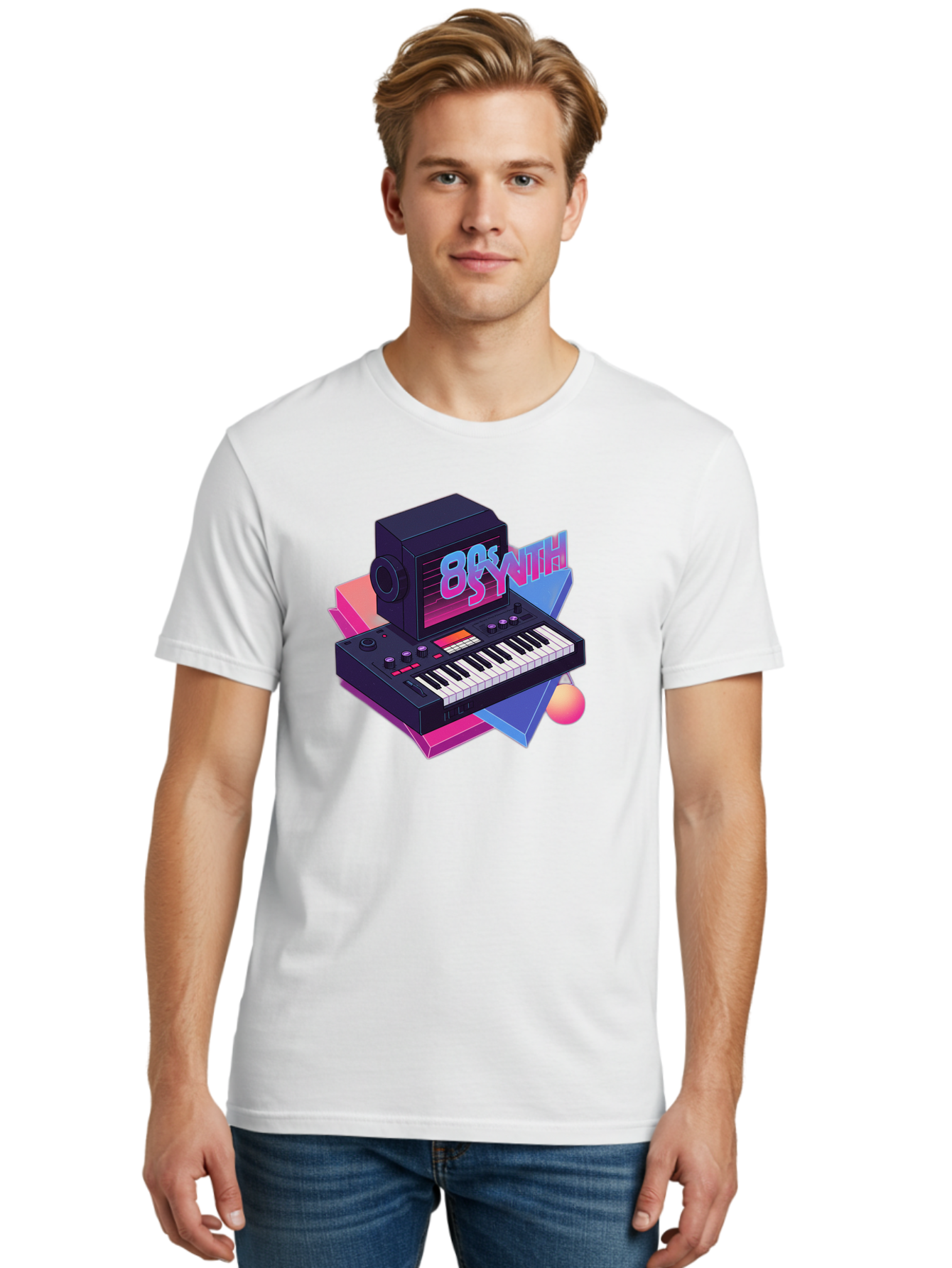 80S-Synth Men'S Graphic Tee, 100% Cotton, Comfortable Casual Summer Wear, Machine Washable, Retro Synthesizer, Vintage Electronic Keyboard, 80S Music Gear, Synthwave, Nostalgic Audio Equipment, Electronic Music Production, Baa119