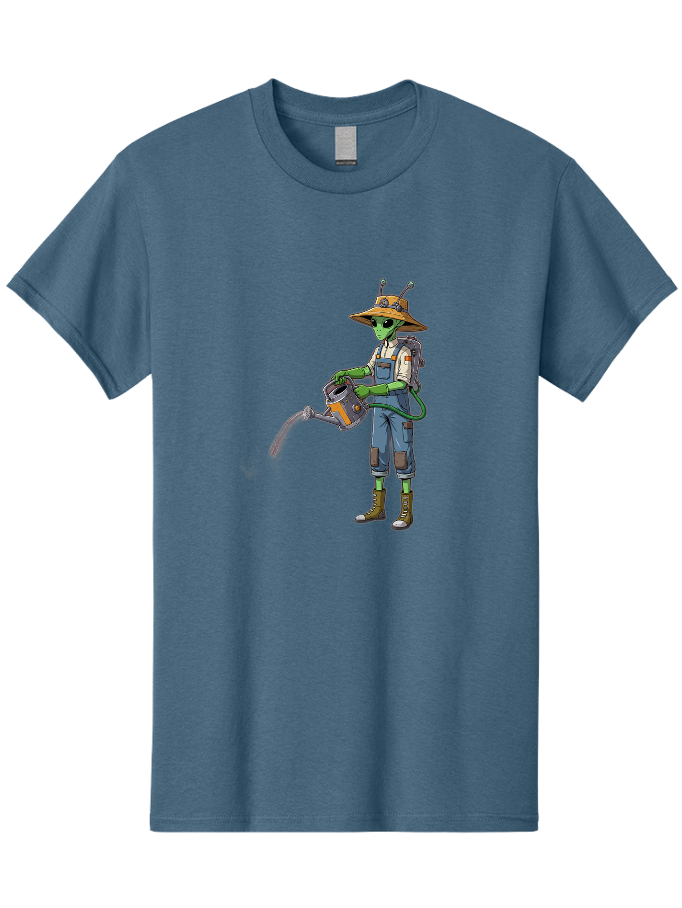 Alien-Gardener Men'S Graphic Tee, 100% Cotton, Comfortable Casual Summer Wear, Machine Washable, Alien Gardener, Watering Can, Gardening Tools, Green Skin, Futuristic Gardening, Cartoon Character, Science Fiction, Gardening Gloves, Overalls, Baa127