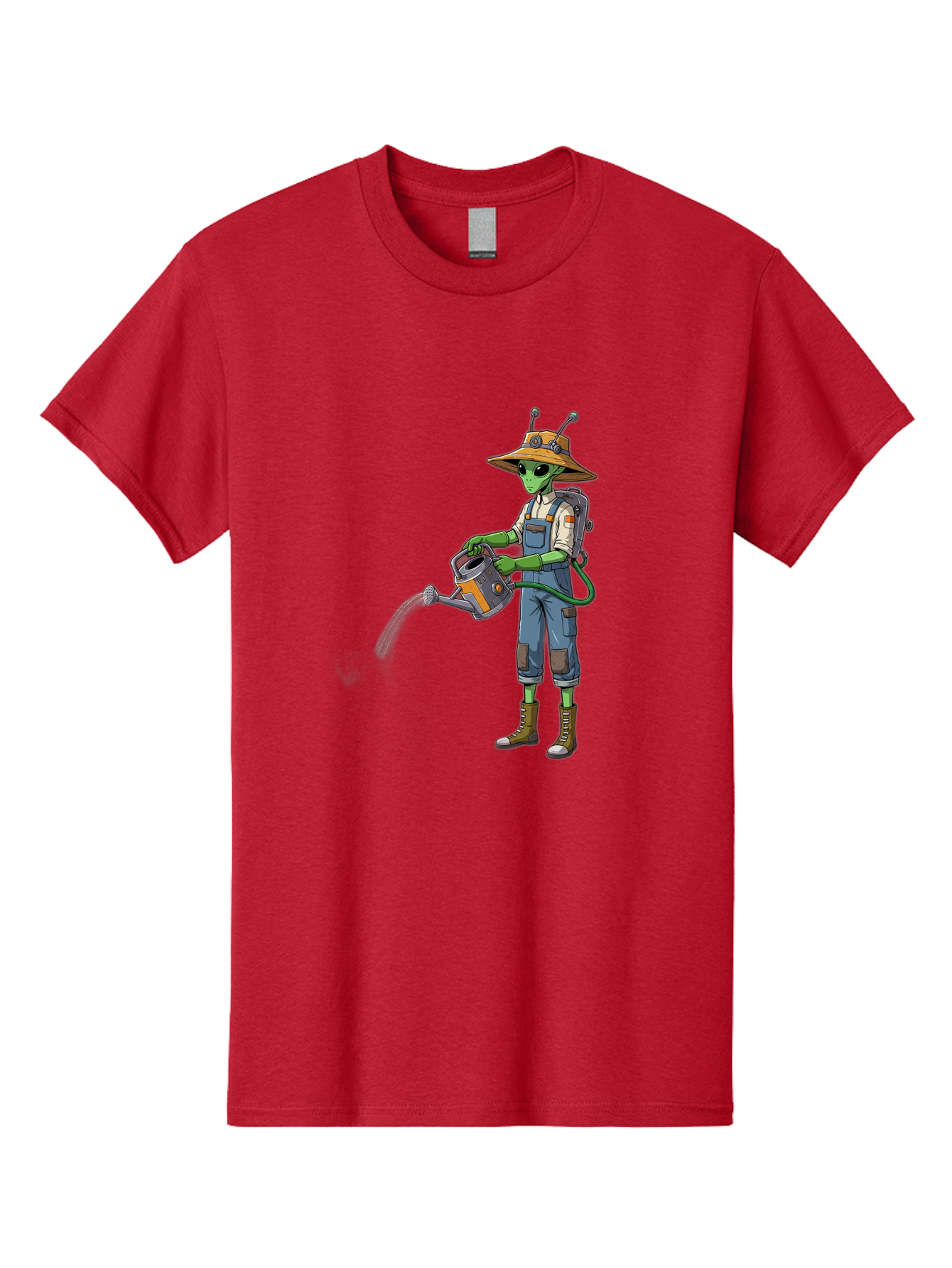 Alien-Gardener Men'S Graphic Tee, 100% Cotton, Comfortable Casual Summer Wear, Machine Washable, Alien Gardener, Watering Can, Gardening Tools, Green Skin, Futuristic Gardening, Cartoon Character, Science Fiction, Gardening Gloves, Overalls, Baa127