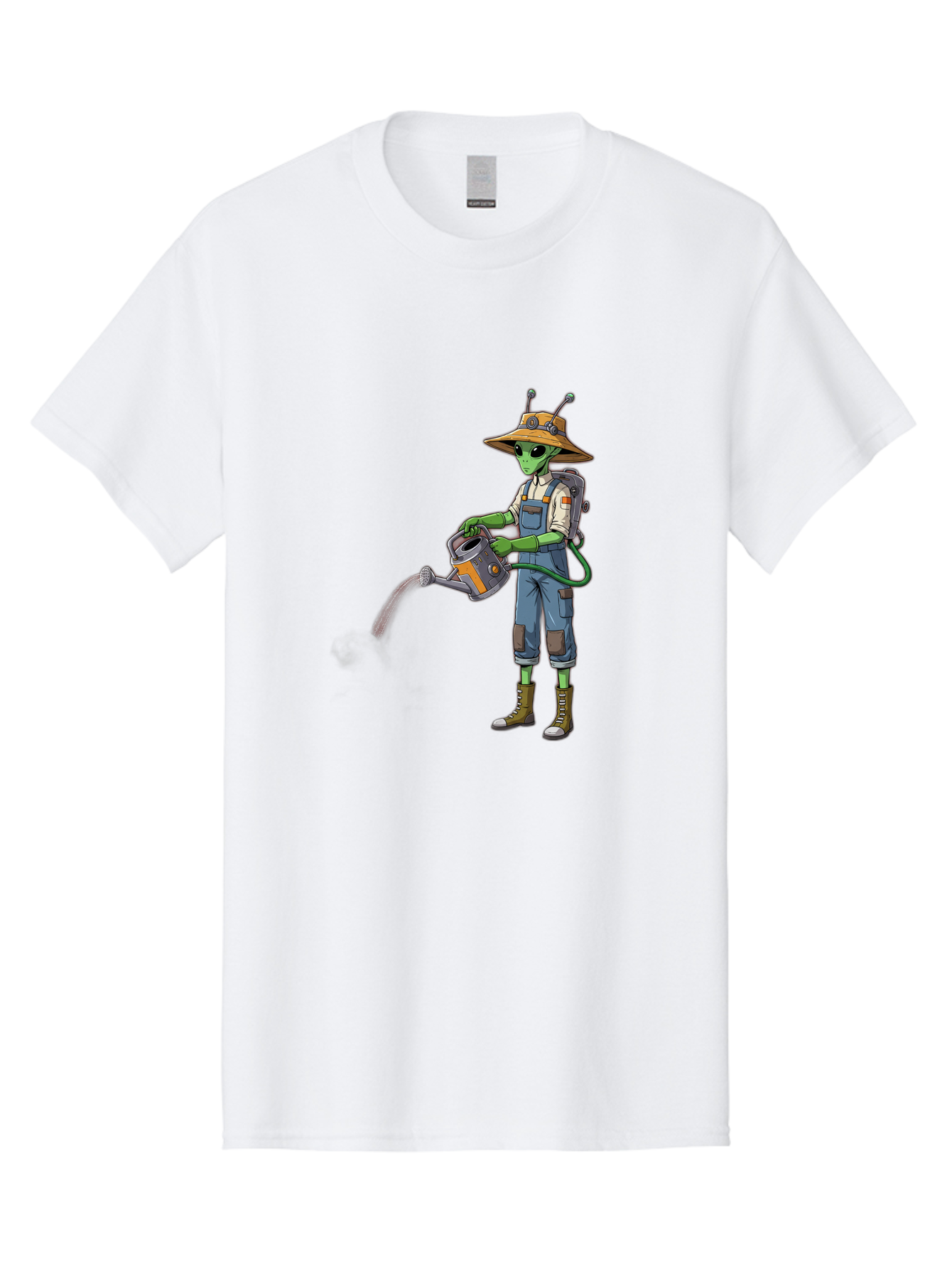 Alien-Gardener Men'S Graphic Tee, 100% Cotton, Comfortable Casual Summer Wear, Machine Washable, Alien Gardener, Watering Can, Gardening Tools, Green Skin, Futuristic Gardening, Cartoon Character, Science Fiction, Gardening Gloves, Overalls, Baa127