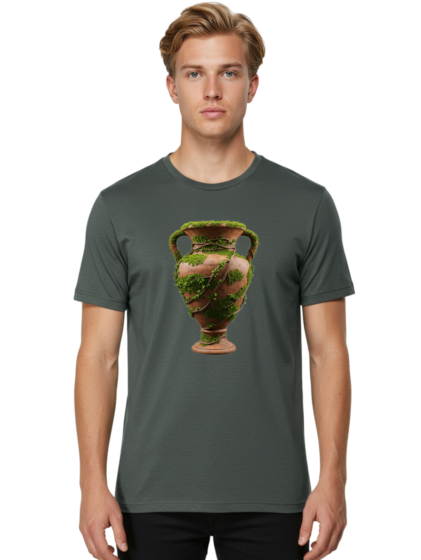 Amphora Men'S Graphic Tee, 100% Cotton, Comfortable Casual Summer Wear, Machine Washable, Moss And Vines, Terracotta Vase, Greenery, Rustic Charm, Natural Decor, Earthy Tones, Botanical Elements, Vintage Pottery, Eclectic Style Baa128