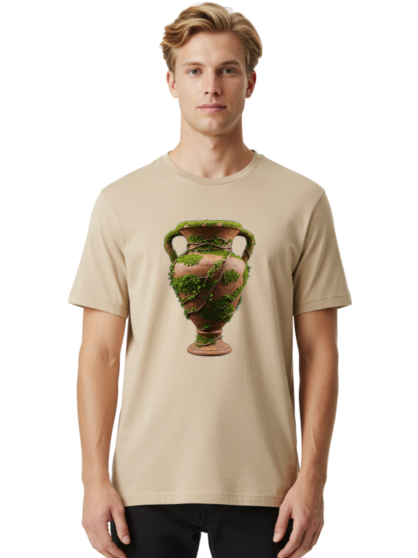 Amphora Men'S Graphic Tee, 100% Cotton, Comfortable Casual Summer Wear, Machine Washable, Moss And Vines, Terracotta Vase, Greenery, Rustic Charm, Natural Decor, Earthy Tones, Botanical Elements, Vintage Pottery, Eclectic Style Baa128