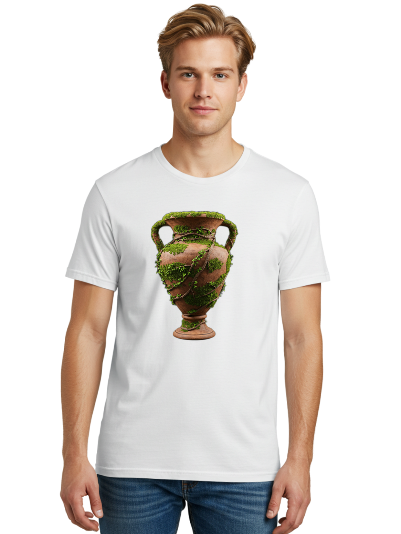 Amphora Men'S Graphic Tee, 100% Cotton, Comfortable Casual Summer Wear, Machine Washable, Moss And Vines, Terracotta Vase, Greenery, Rustic Charm, Natural Decor, Earthy Tones, Botanical Elements, Vintage Pottery, Eclectic Style Baa128