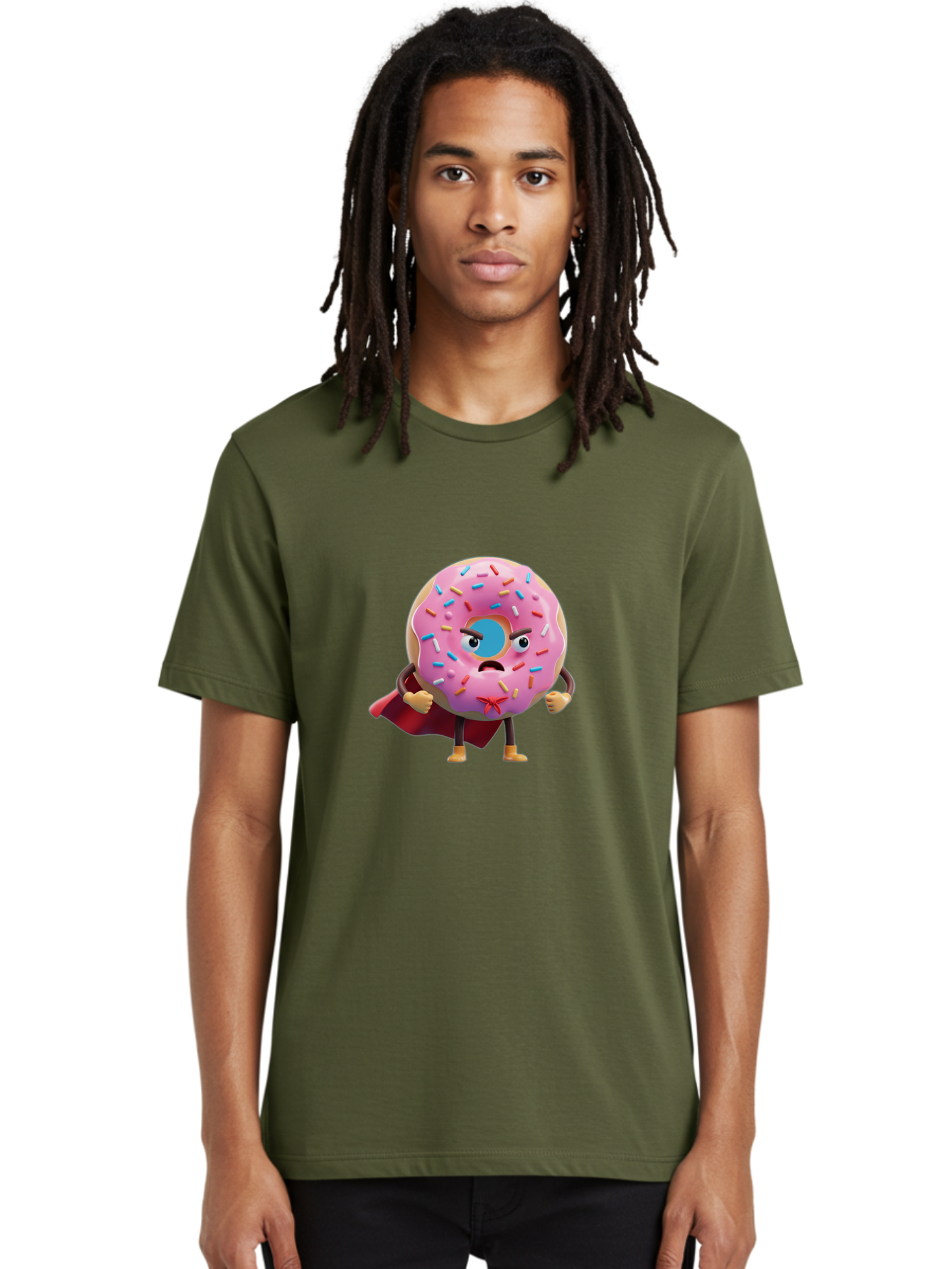 Angry-Donut-Superhero Men'S Graphic Tee, 100% Cotton, Comfortable Casual Summer Wear, Machine Washable, Pink Frosted Donut With Sprinkles, Angry Face, Superhero Cape, Funny Character, Comical Expression, Sweet Treat, Cartoon Character Baa133