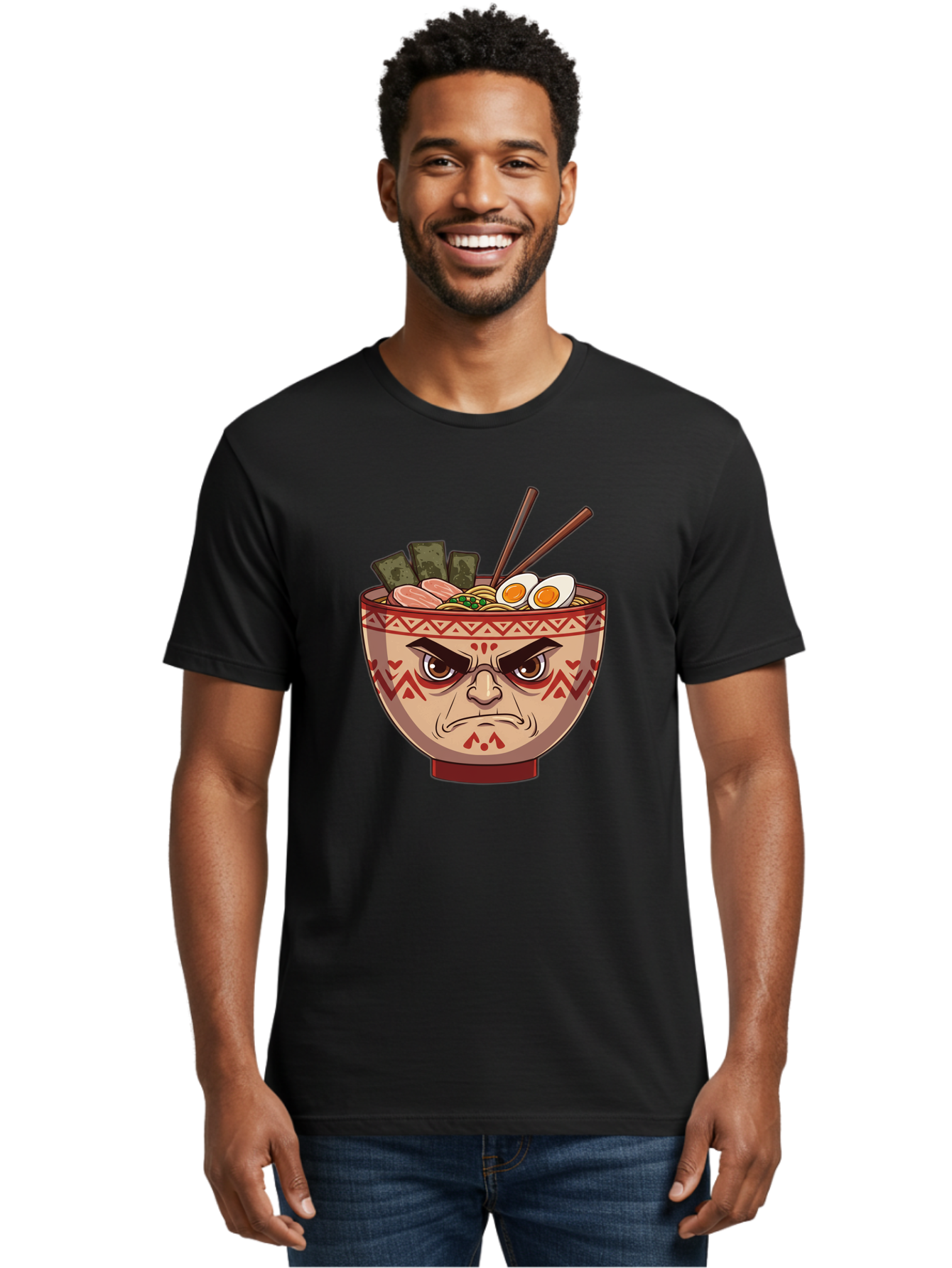 Angry-Ramen Men'S Graphic Tee, 100% Cotton, Comfortable Casual Summer Wear, Machine Washable, Angry Ramen Bowl, Angry Face, Ramen Noodles, Boiled Egg, Seaweed, Chopsticks, Kawaii, Cartoon Character, Ramen Toppings, Angry Eyes Baa134