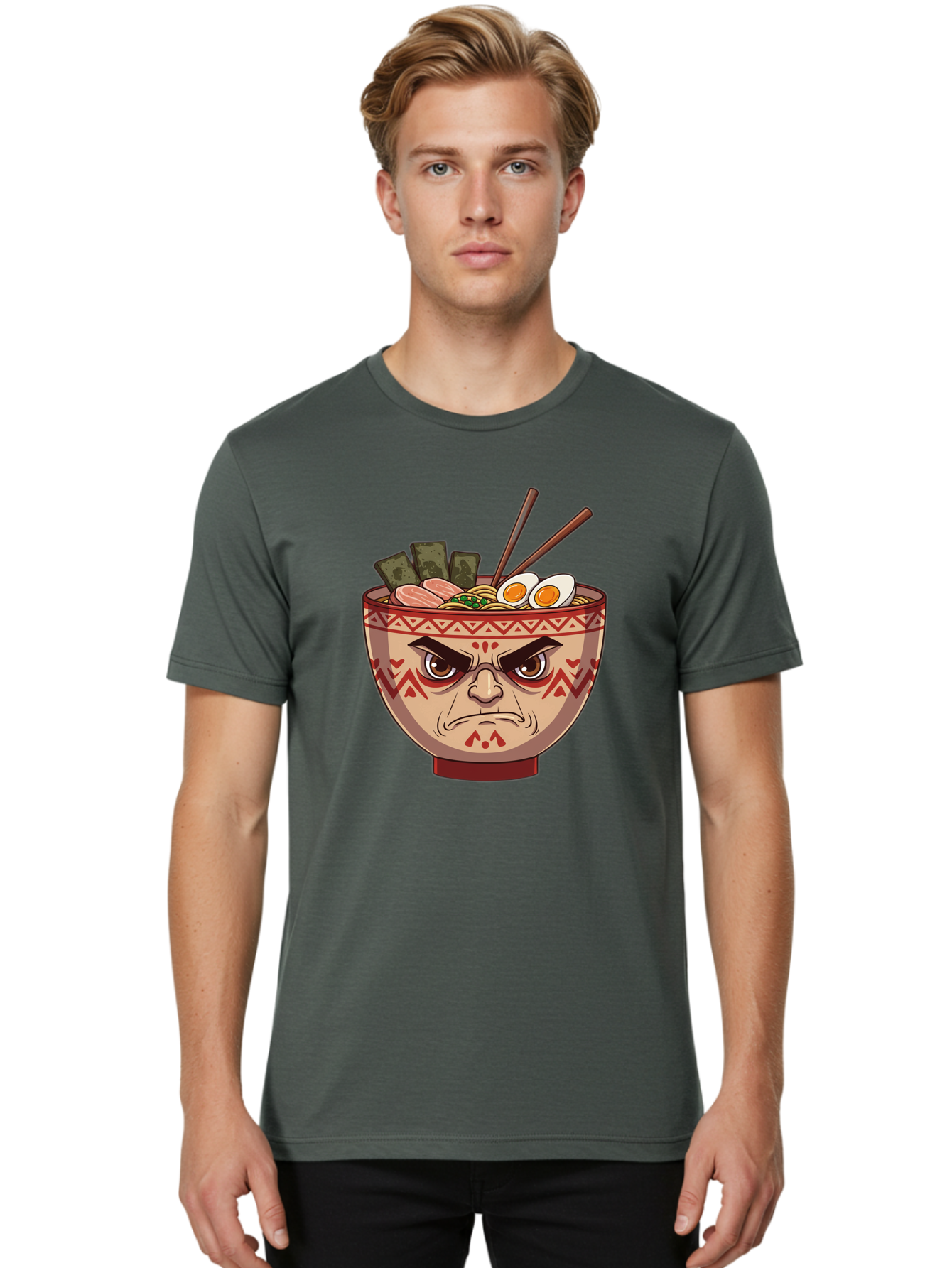 Angry-Ramen Men'S Graphic Tee, 100% Cotton, Comfortable Casual Summer Wear, Machine Washable, Angry Ramen Bowl, Angry Face, Ramen Noodles, Boiled Egg, Seaweed, Chopsticks, Kawaii, Cartoon Character, Ramen Toppings, Angry Eyes Baa134