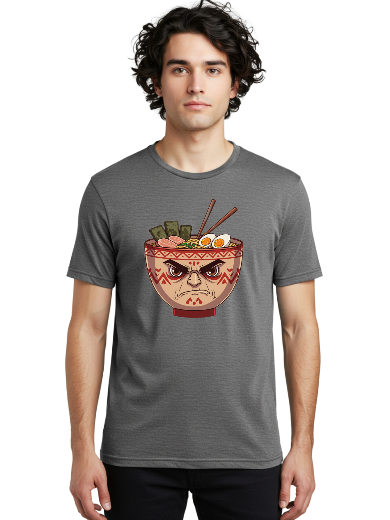 Angry-Ramen Men'S Graphic Tee, 100% Cotton, Comfortable Casual Summer Wear, Machine Washable, Angry Ramen Bowl, Angry Face, Ramen Noodles, Boiled Egg, Seaweed, Chopsticks, Kawaii, Cartoon Character, Ramen Toppings, Angry Eyes Baa134