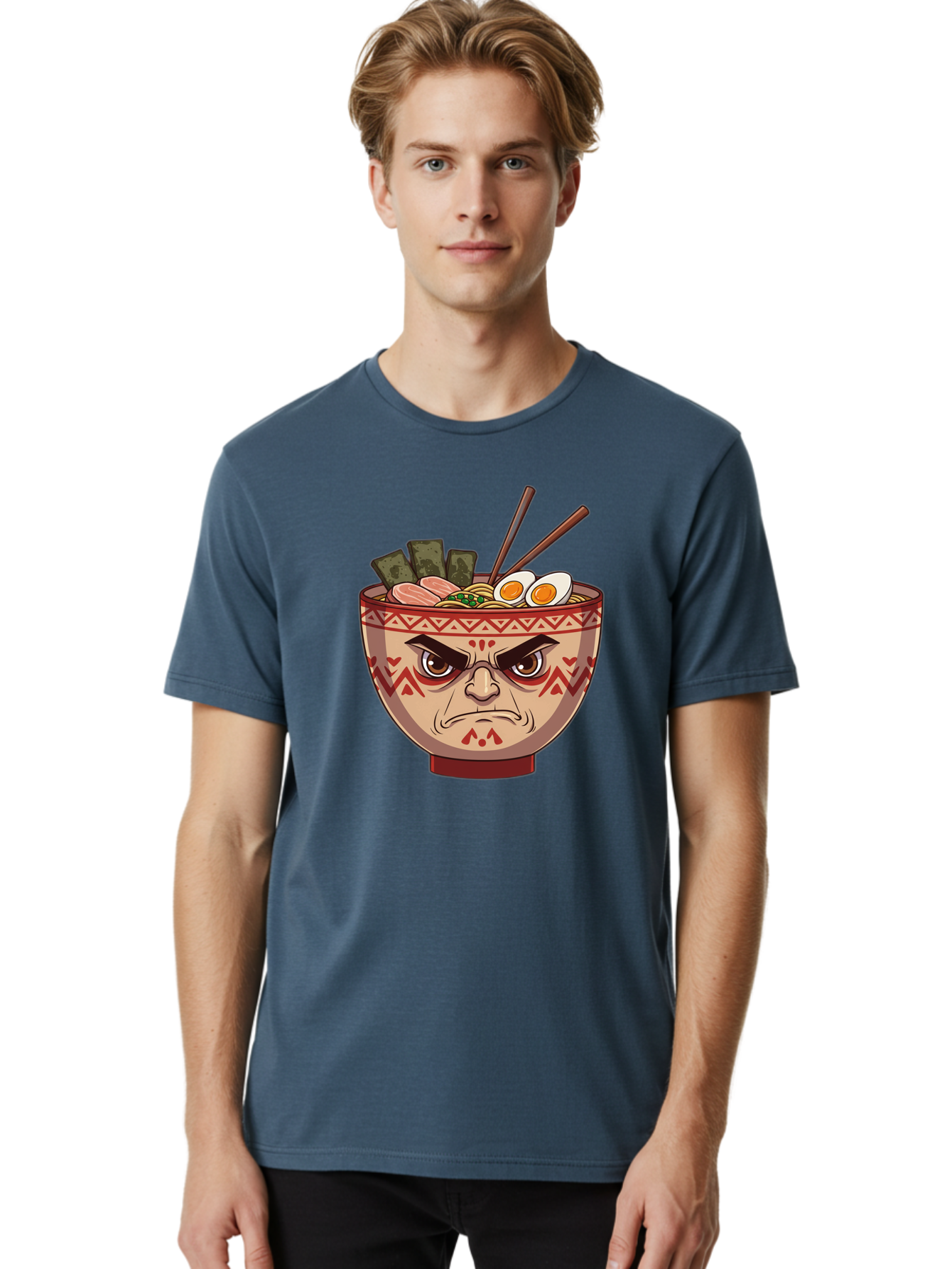 Angry-Ramen Men'S Graphic Tee, 100% Cotton, Comfortable Casual Summer Wear, Machine Washable, Angry Ramen Bowl, Angry Face, Ramen Noodles, Boiled Egg, Seaweed, Chopsticks, Kawaii, Cartoon Character, Ramen Toppings, Angry Eyes Baa134