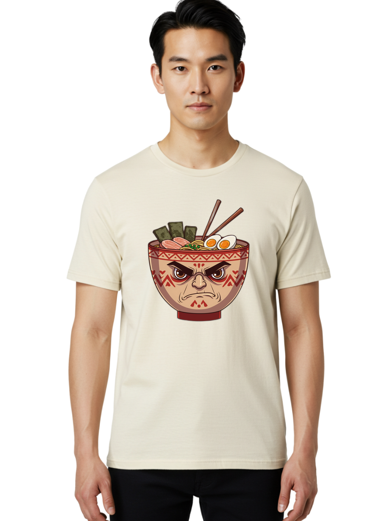 Angry-Ramen Men'S Graphic Tee, 100% Cotton, Comfortable Casual Summer Wear, Machine Washable, Angry Ramen Bowl, Angry Face, Ramen Noodles, Boiled Egg, Seaweed, Chopsticks, Kawaii, Cartoon Character, Ramen Toppings, Angry Eyes Baa134
